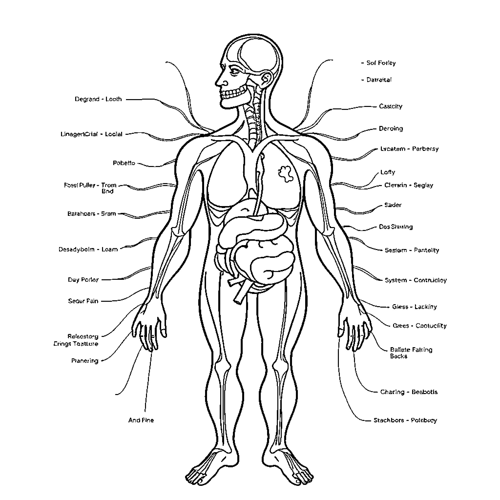 Human Body Anatomy Diagram with Labeled Parts Coloring Page (free black-and-white line drawing printable PDF for all, from beginners to advanced learners, including children, teens, adults, and seniors)