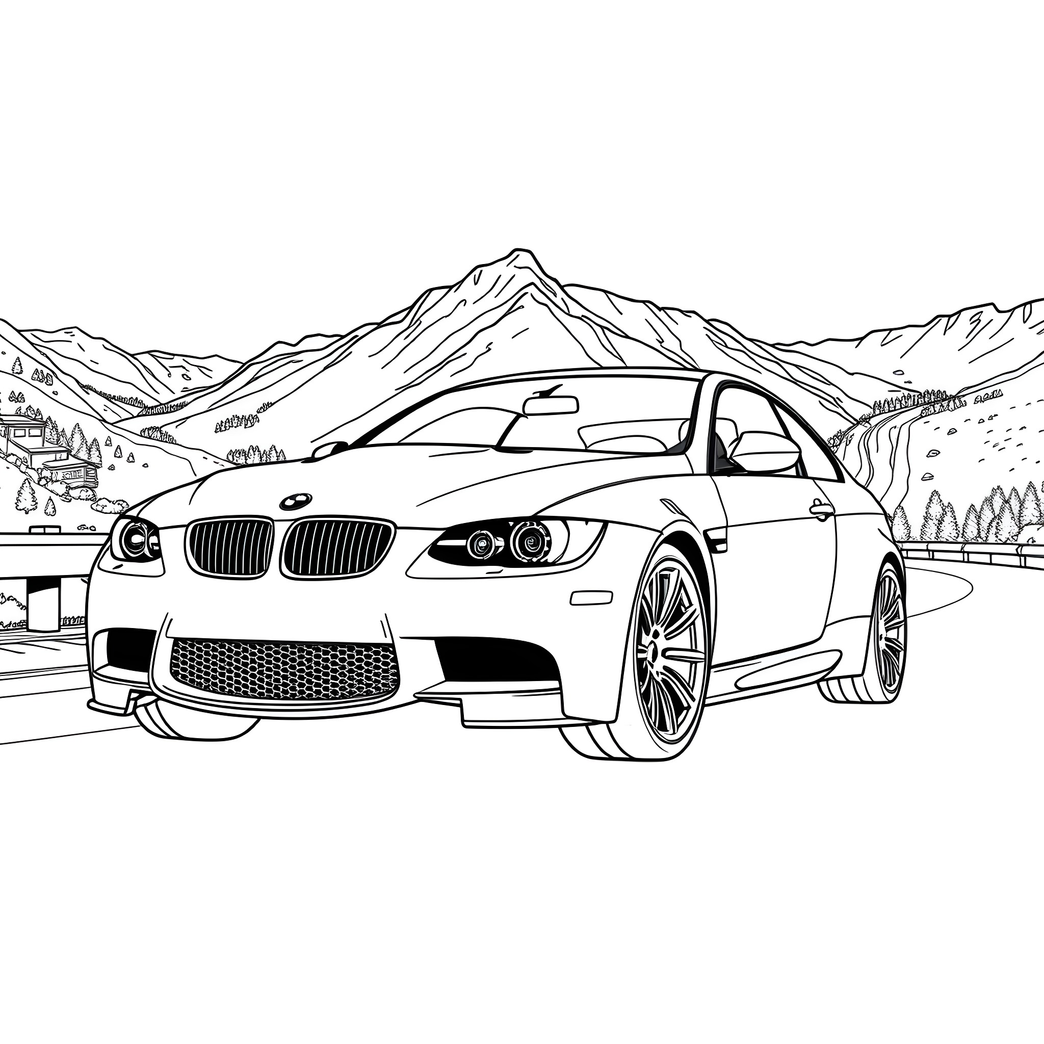 M3 Sports Car in Scenic Mountain Landscape Coloring Page (free black-and-white line drawing printable PDF for all, from beginners to advanced learners, including children, teens, adults, and seniors)