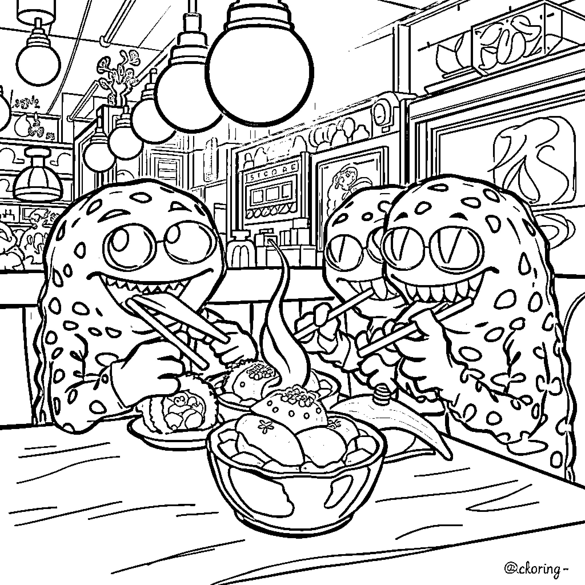 Creeper Monsters Enjoying Tasty Treats in Cozy Diner Coloring Page (free black-and-white line drawing printable PDF for all, from beginners to advanced learners, including children, teens, adults, and seniors)