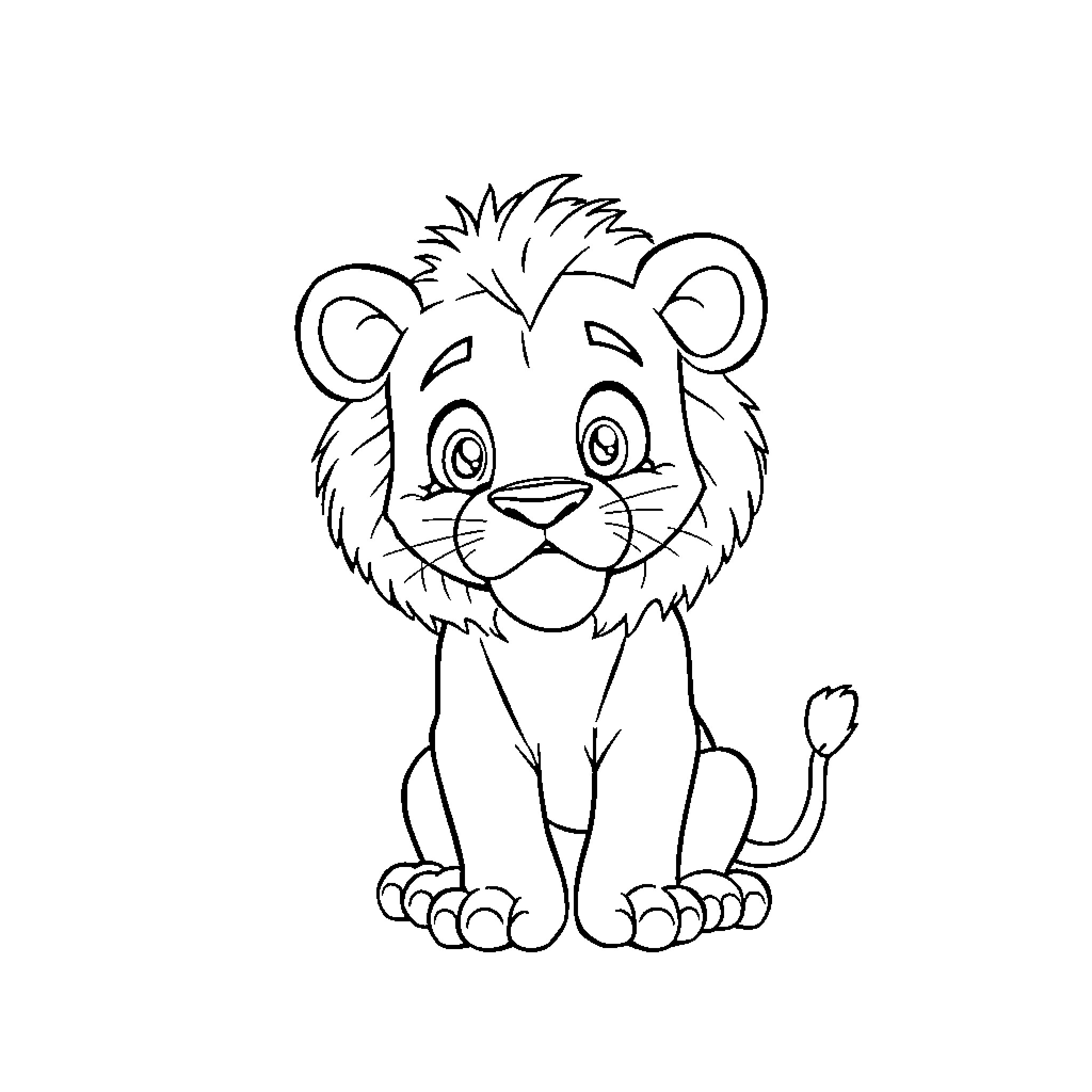Lion cub sitting and looking curious Coloring Page (free black-and-white line drawing printable PDF for all, from beginners to advanced learners, including children, teens, adults, and seniors)