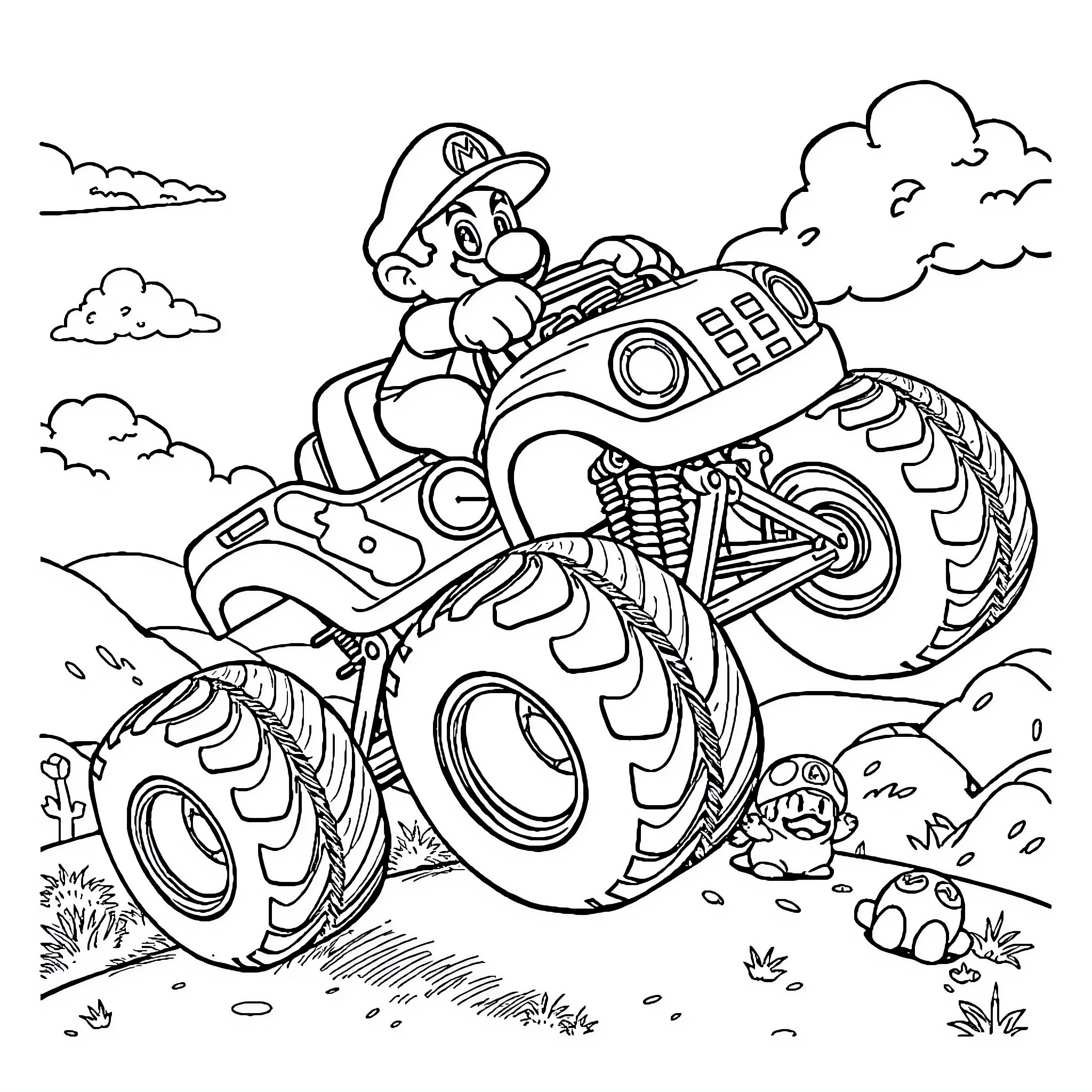 Mario riding a powerful monster truck on a wild adventure Coloring Page (free black-and-white line drawing printable PDF for all, from beginners to advanced learners, including children, teens, adults, and seniors)