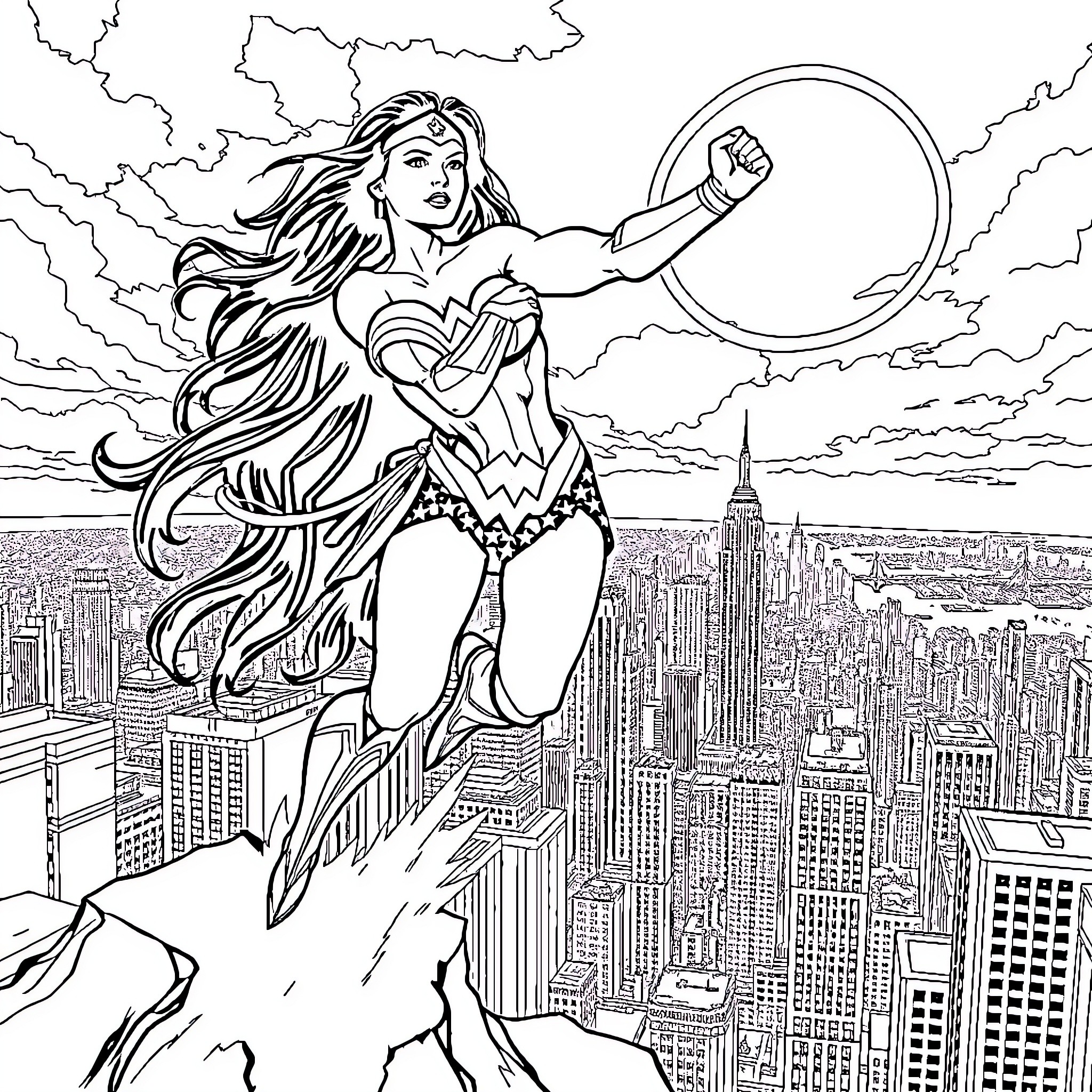 Wonder Woman soaring over the city skyline Coloring Page (free black-and-white line drawing printable PDF for all, from beginners to advanced learners, including children, teens, adults, and seniors)