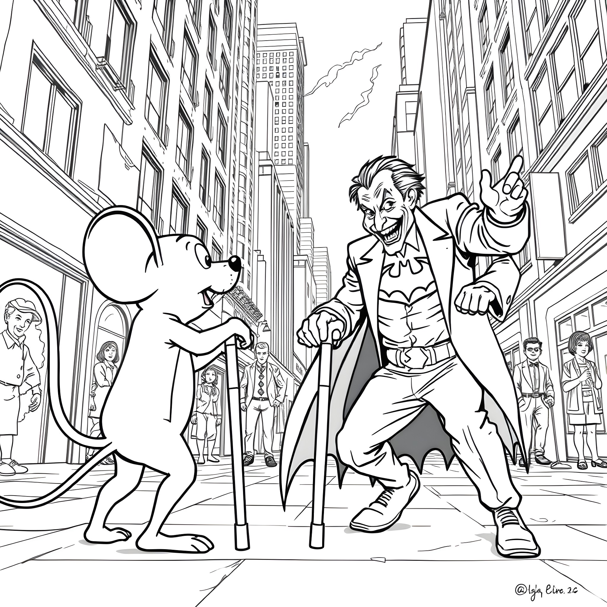 Mighty Mouse tackles city villain in epic street fight Coloring Page (free black-and-white line drawing printable PDF for all, from beginners to advanced learners, including children, teens, adults, and seniors)