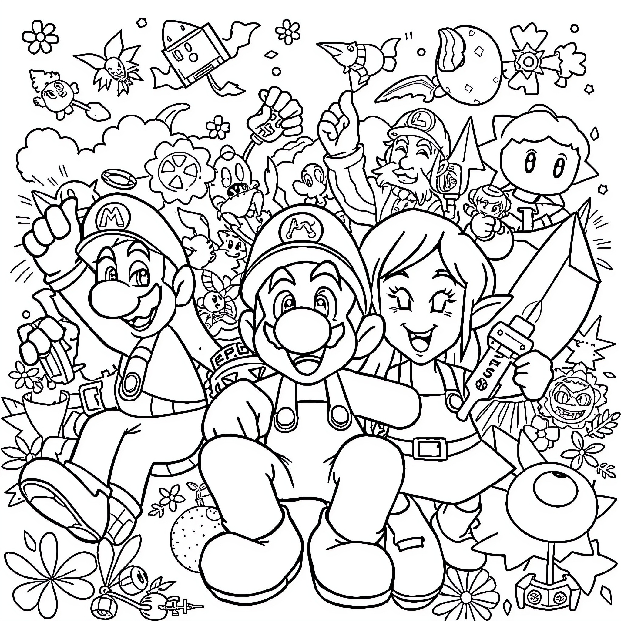 Nintendo Character Gathering with Playful Expressions Coloring Page (free black-and-white line drawing printable PDF for all, from beginners to advanced learners, including children, teens, adults, and seniors)