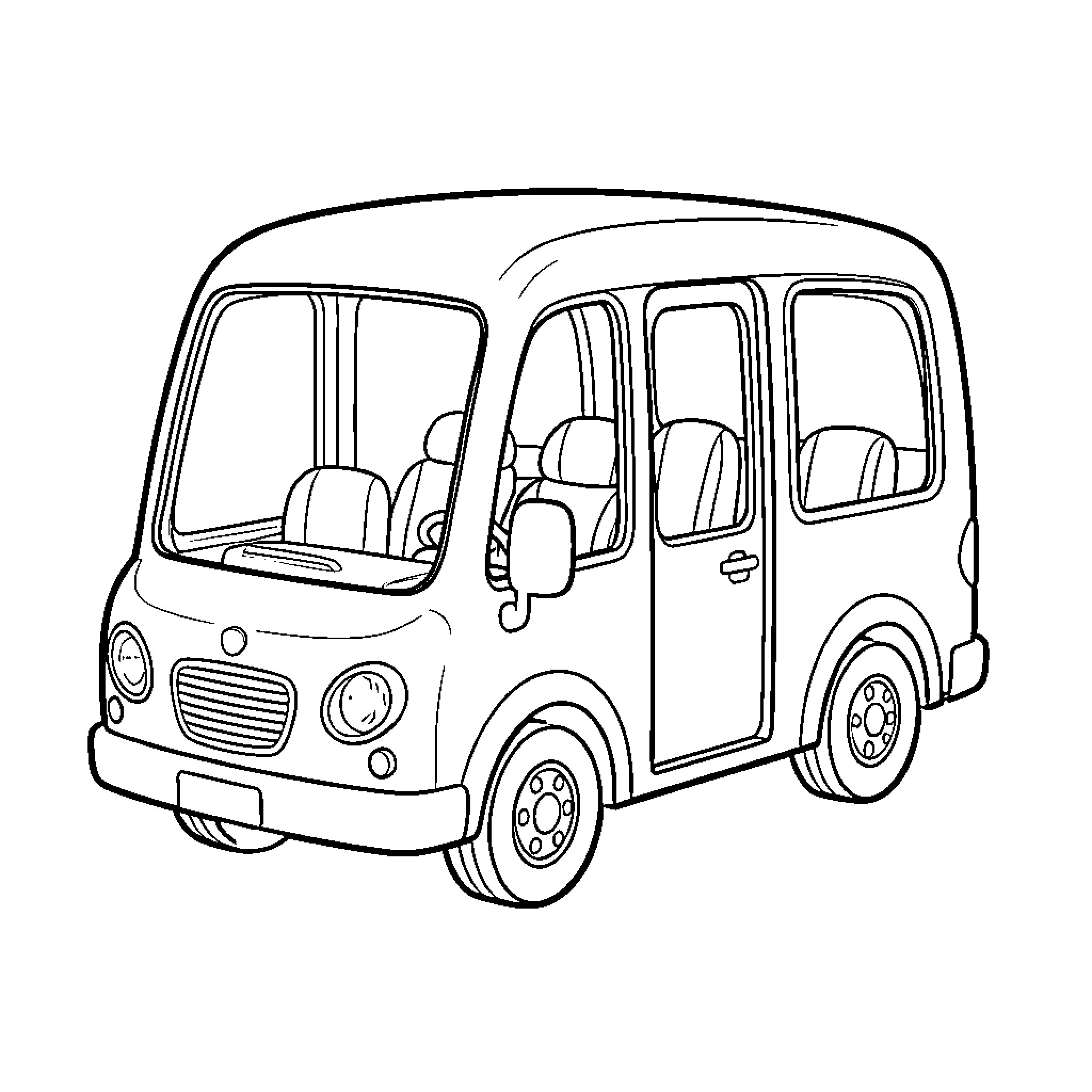 Baby Bus driving through a friendly neighborhood scene Coloring Page (free black-and-white line drawing printable PDF for all, from beginners to advanced learners, including children, teens, adults, and seniors)