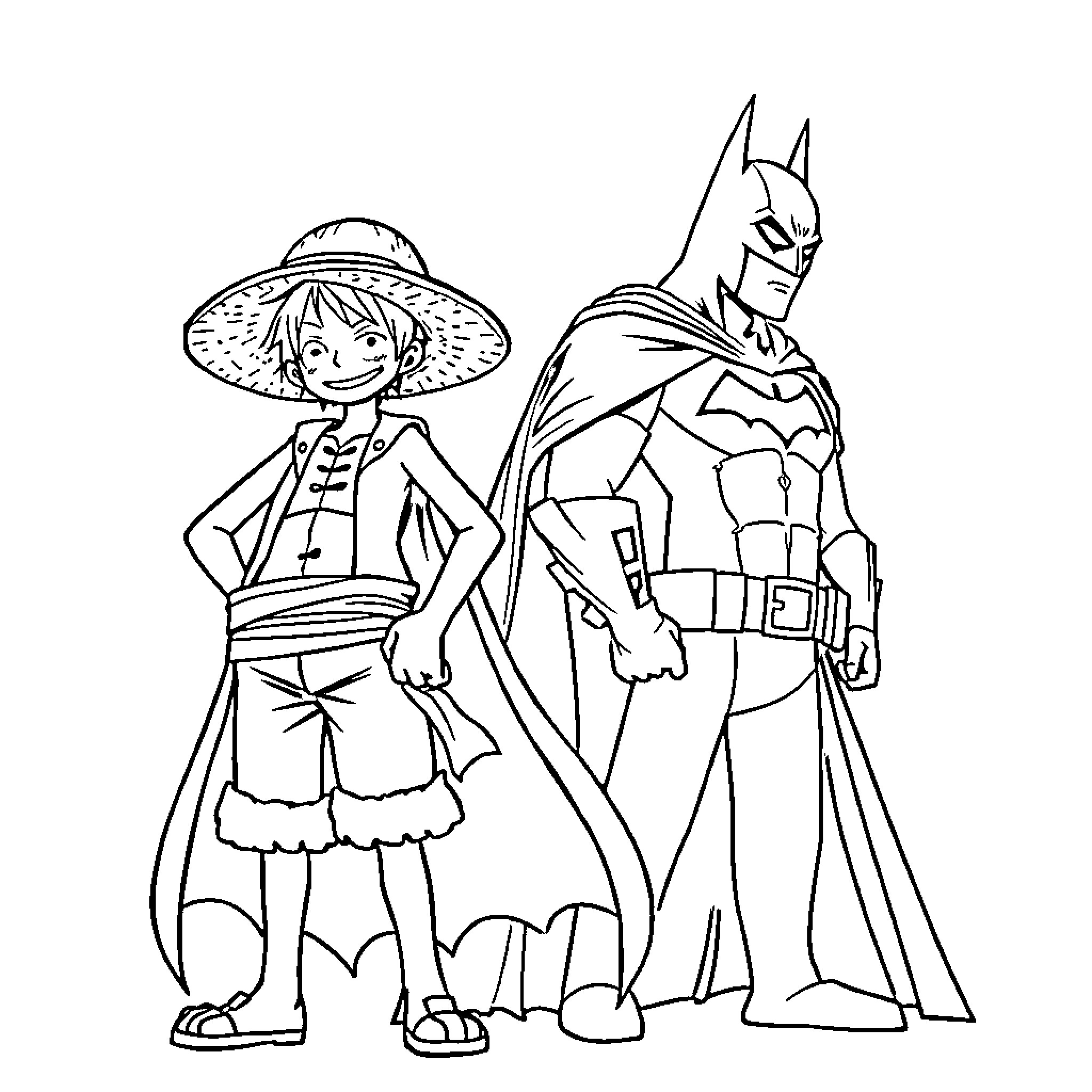 Luffy and Batman in Adventure Coloring Page (free black-and-white line drawing printable PDF for all, from beginners to advanced learners, including children, teens, adults, and seniors)