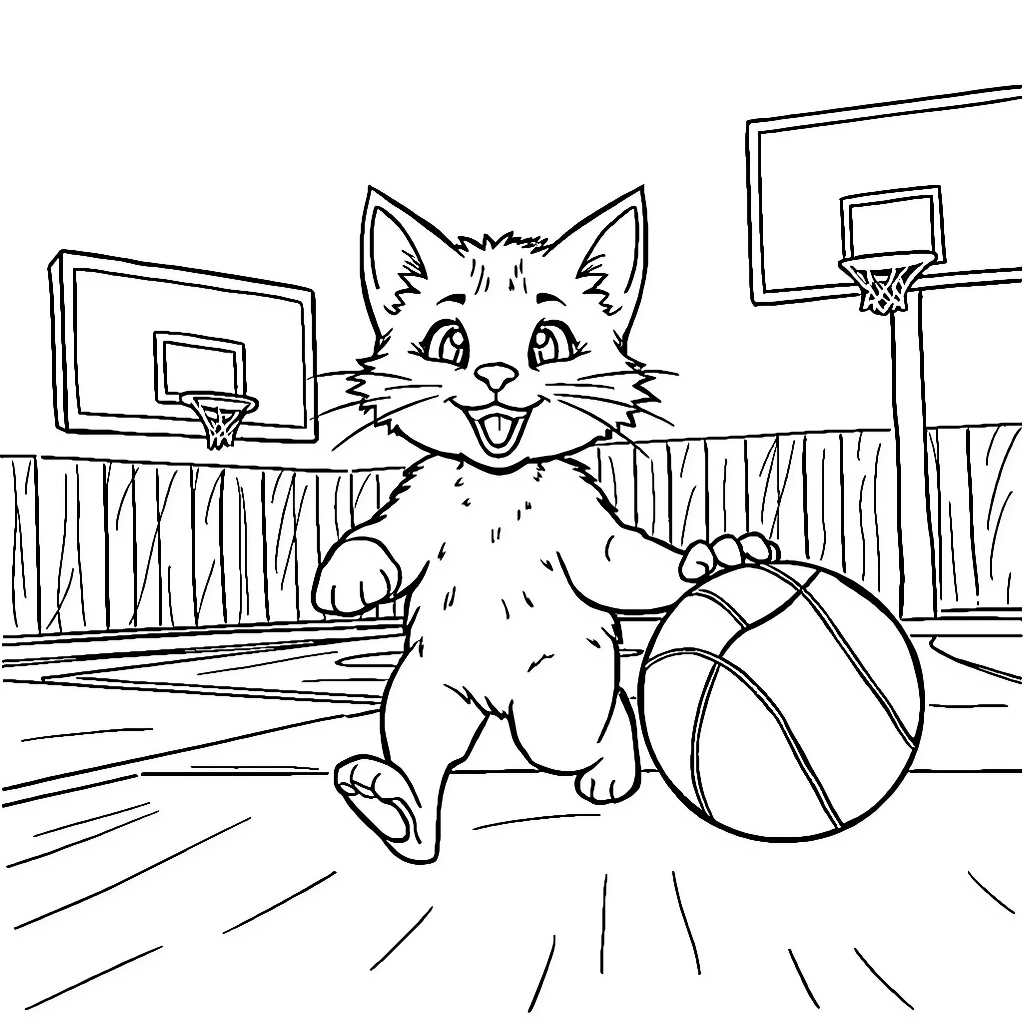 Cat playing with basketball in indoor court Coloring Page (free black-and-white line drawing printable PDF for all, from beginners to advanced learners, including children, teens, adults, and seniors)