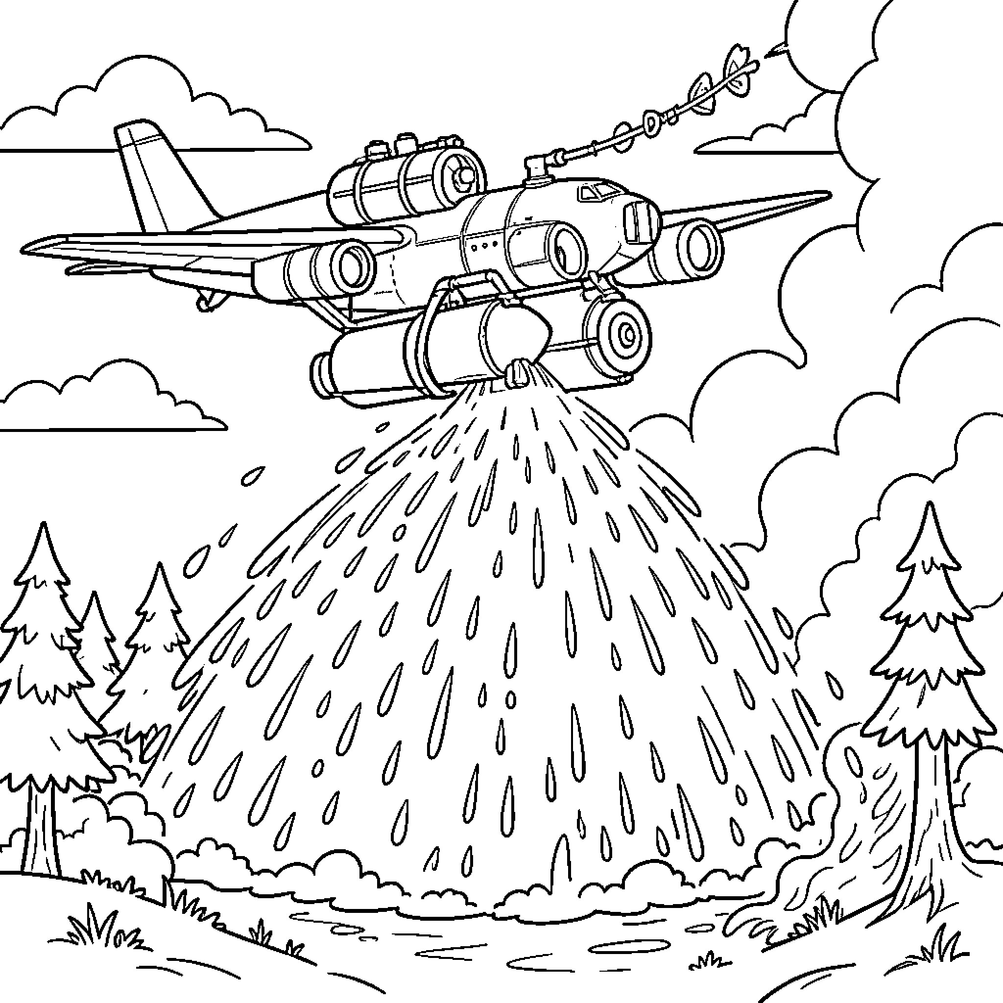 Firefighter Plane dropping water over a forest Coloring Page (free black-and-white line drawing printable PDF for all, from beginners to advanced learners, including children, teens, adults, and seniors)