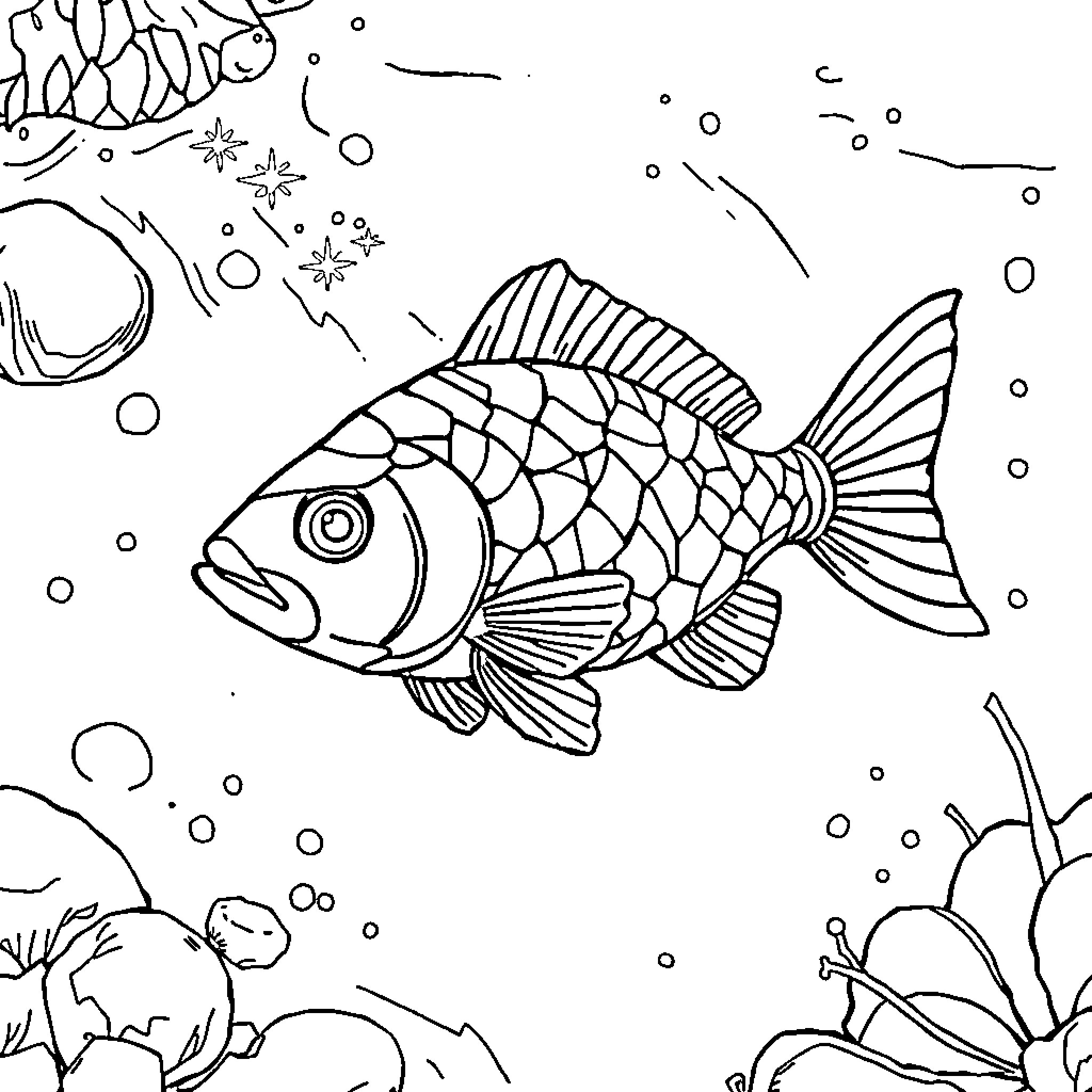 Fish swimming in underwater scene Coloring Page (free black-and-white line drawing printable PDF for all, from beginners to advanced learners, including children, teens, adults, and seniors)
