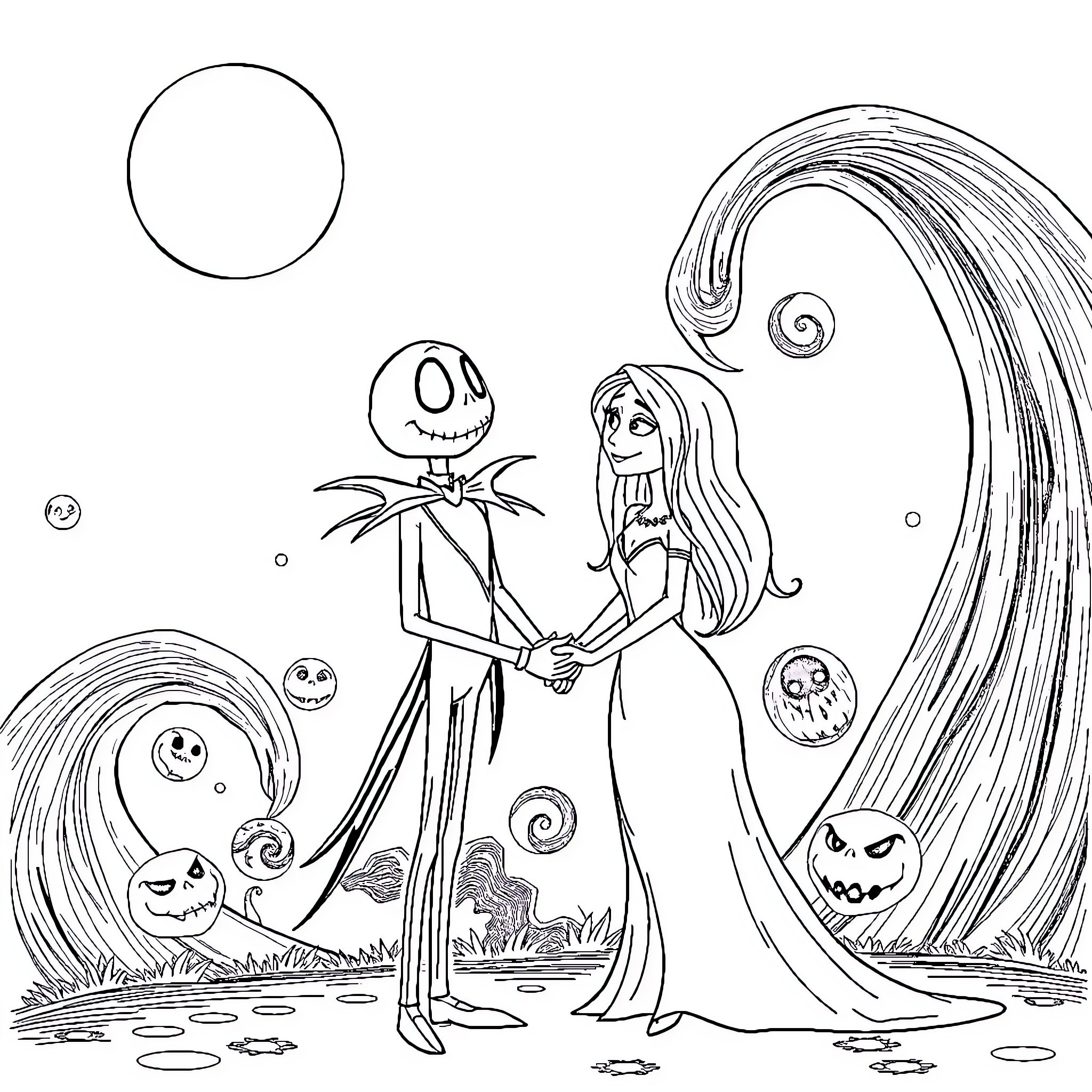 Jack and Sally holding hands in a whimsical Halloween scene Coloring Page (free black-and-white line drawing printable PDF for all, from beginners to advanced learners, including children, teens, adults, and seniors)