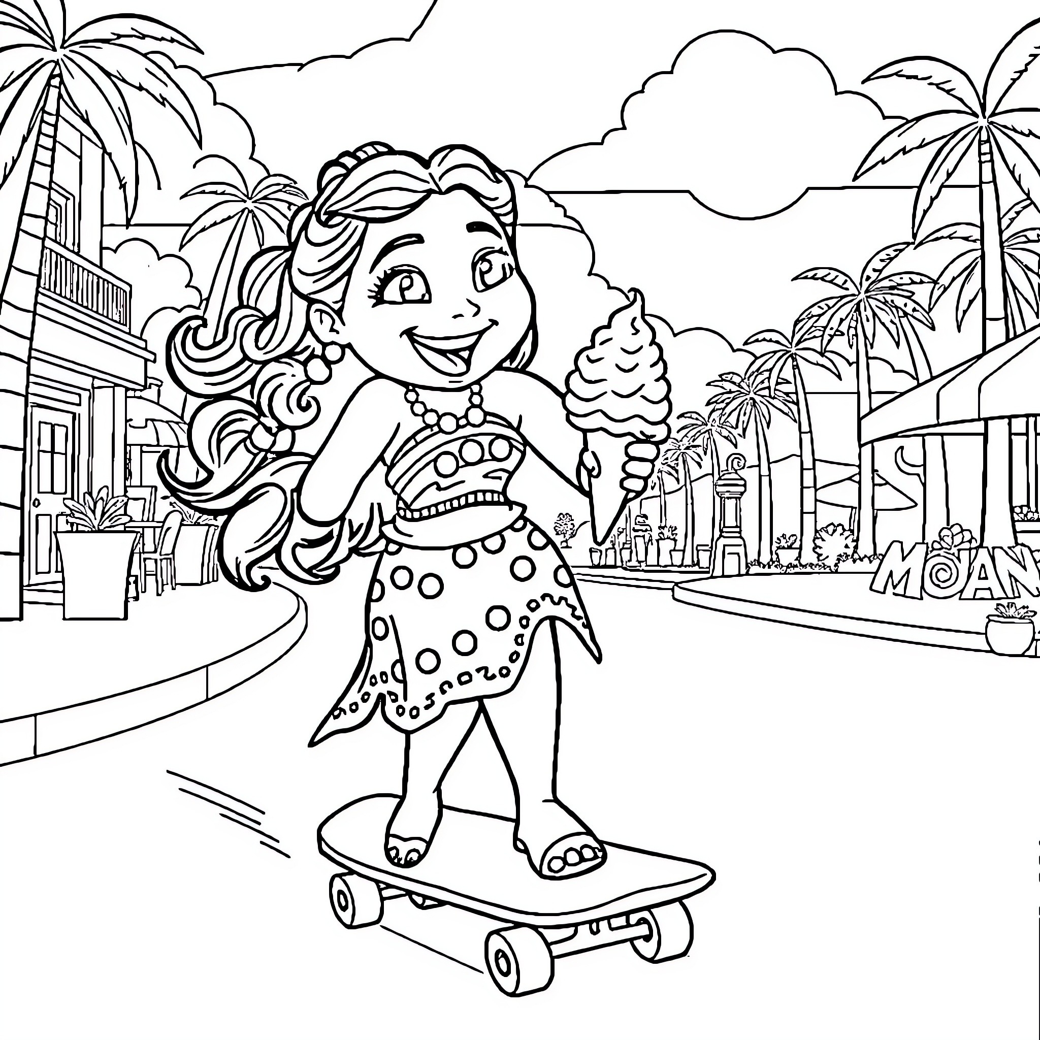 Moana exploring a tropical island on a skateboard Coloring Page (free black-and-white line drawing printable PDF for all, from beginners to advanced learners, including children, teens, adults, and seniors)