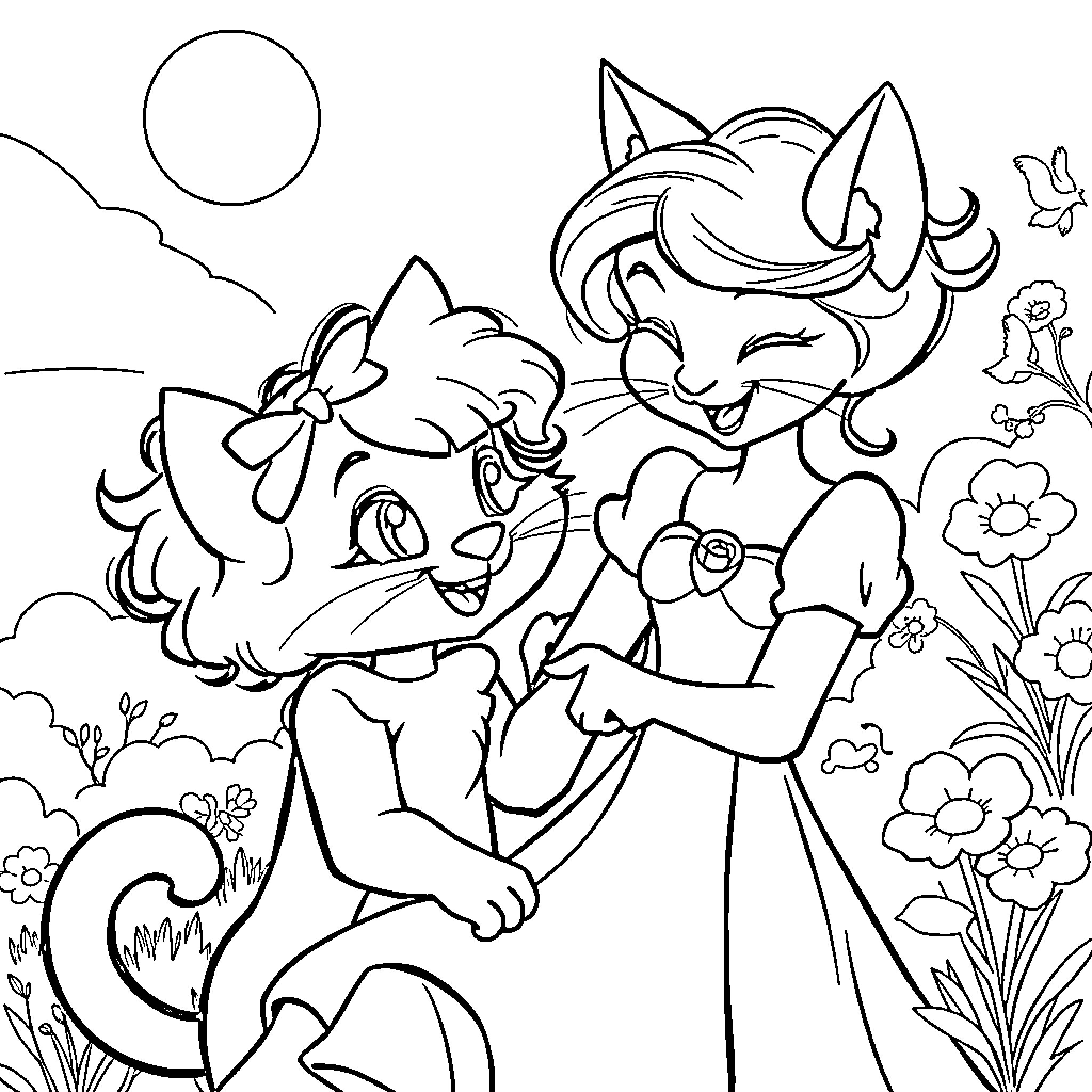 Marie and her animal friends enjoying nature Coloring Page (free black-and-white line drawing printable PDF for all, from beginners to advanced learners, including children, teens, adults, and seniors)