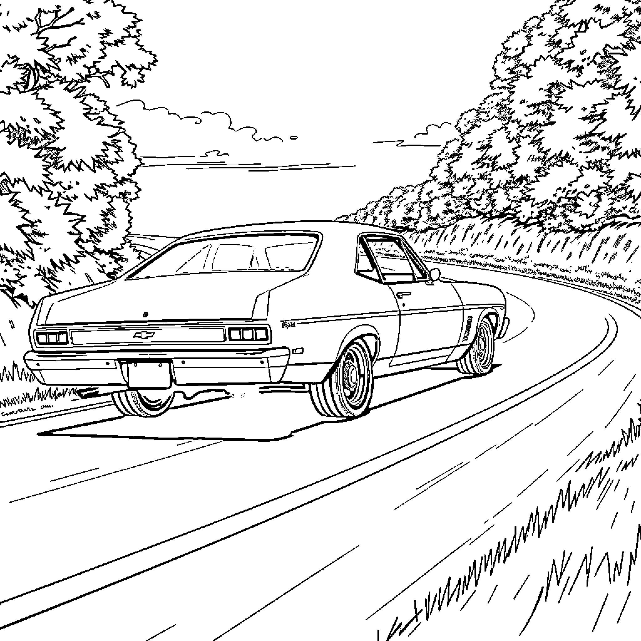 Chevy Nova speeding down a winding forest road Coloring Page (free black-and-white line drawing printable PDF for all, from beginners to advanced learners, including children, teens, adults, and seniors)