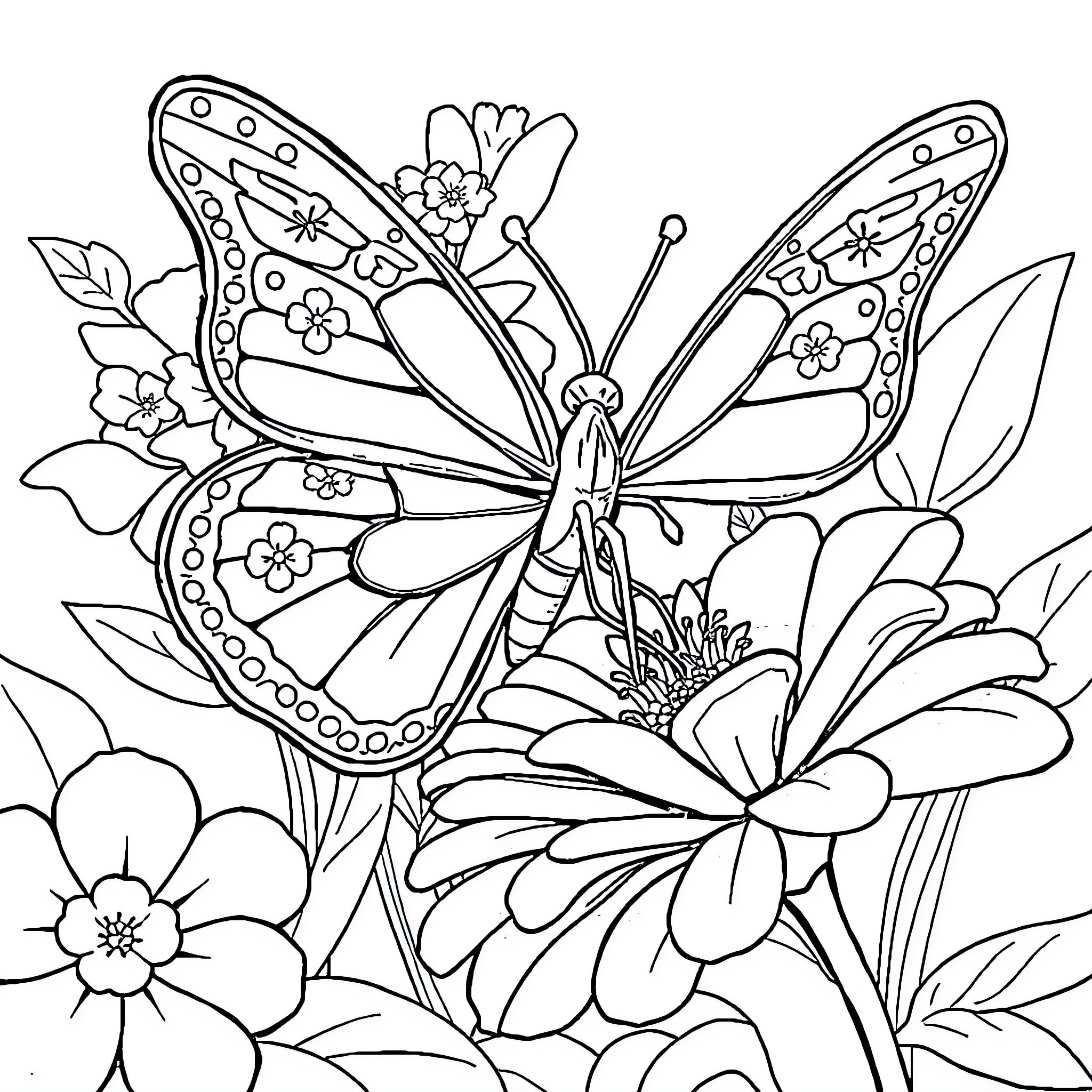 Butterfly surrounded by enchanting flowers Coloring Page (free black-and-white line drawing printable PDF for all, from beginners to advanced learners, including children, teens, adults, and seniors)