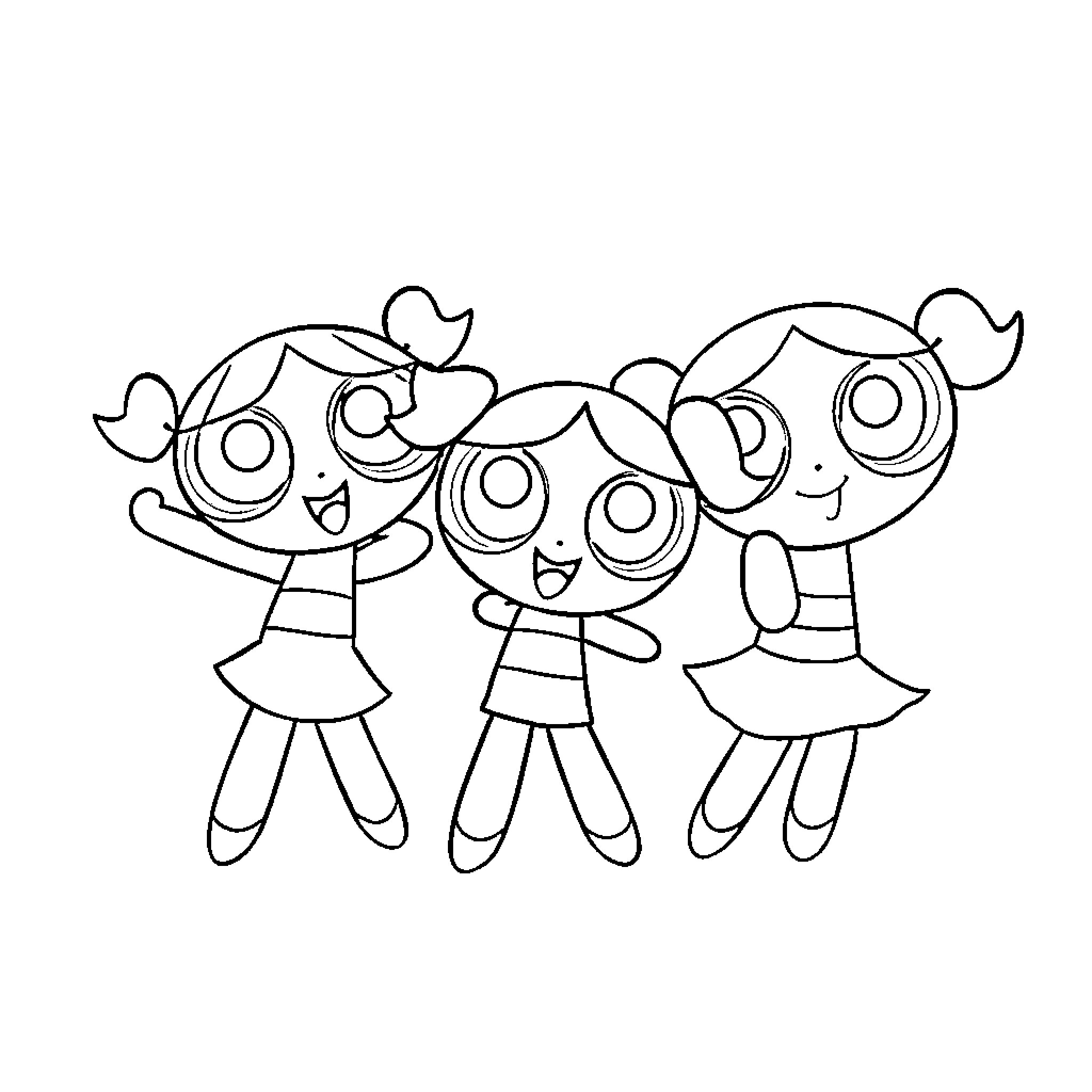 Powerpuff Girls dancing and having fun Coloring Page (free black-and-white line drawing printable PDF for all, from beginners to advanced learners, including children, teens, adults, and seniors)
