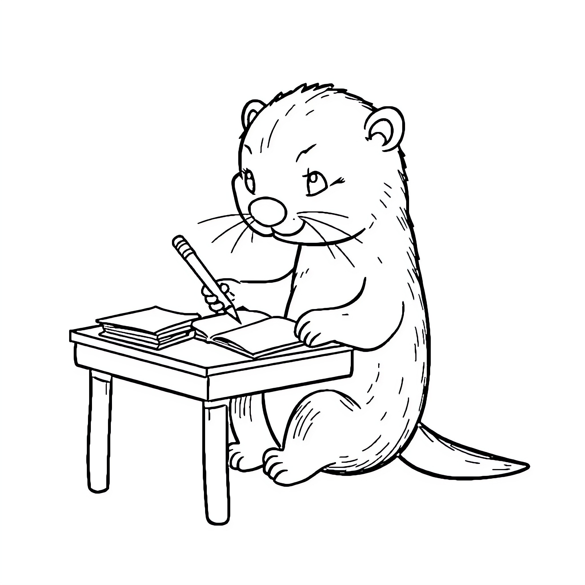 Otter working diligently at a desk Coloring Page (free black-and-white line drawing printable PDF for all, from beginners to advanced learners, including children, teens, adults, and seniors)