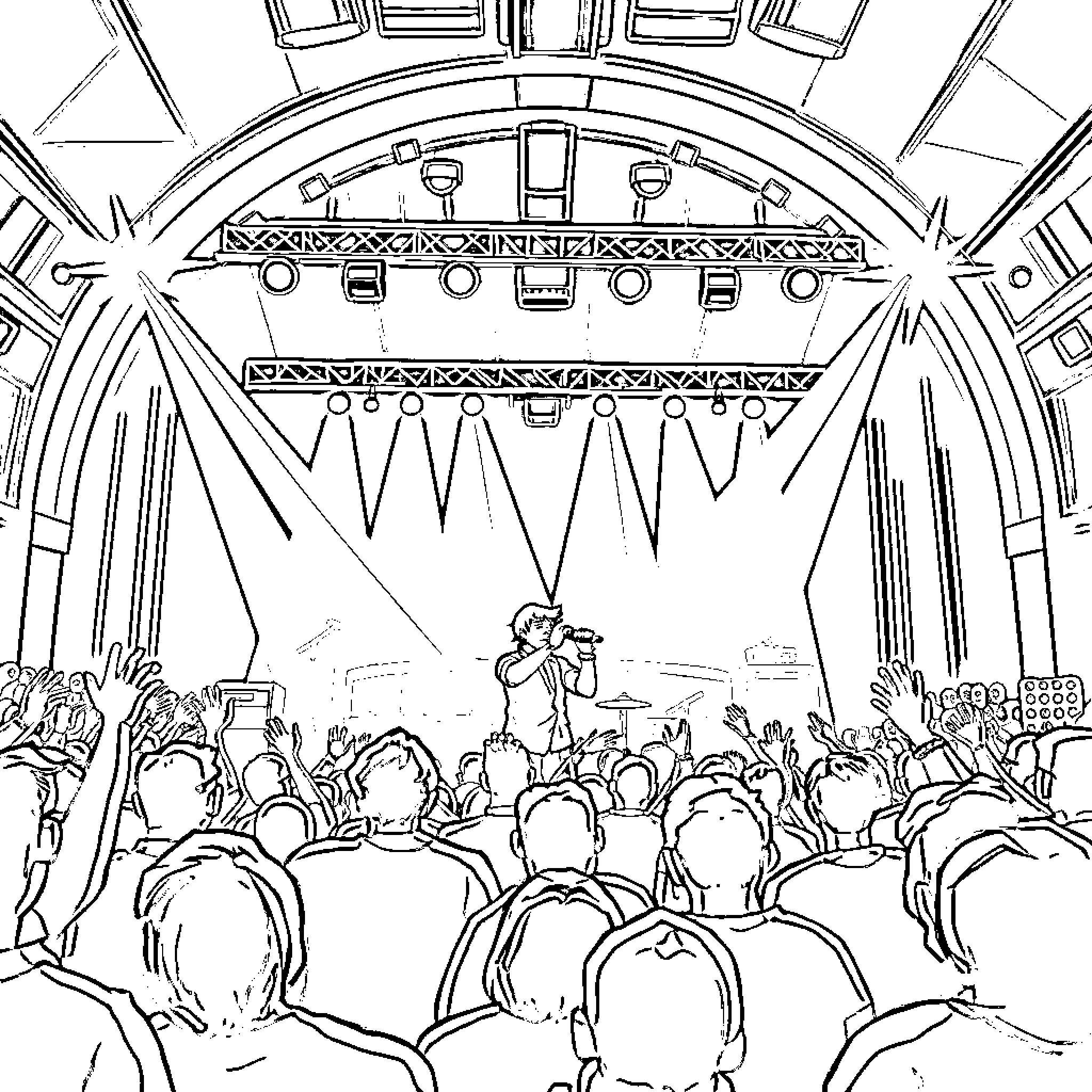 Oasis of Celebration and Artistic Expression Coloring Page (free black-and-white line drawing printable PDF for all, from beginners to advanced learners, including children, teens, adults, and seniors)