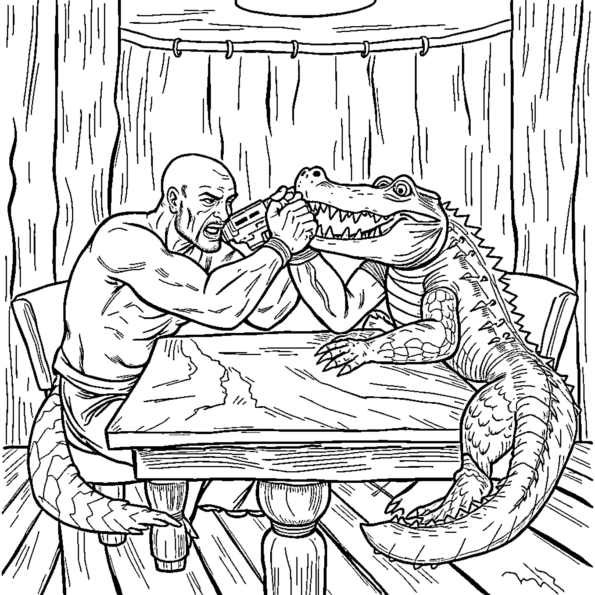 Mayano Top Gun arm wrestling with a giant alligator Coloring Page (free black-and-white line drawing printable PDF for all, from beginners to advanced learners, including children, teens, adults, and seniors)