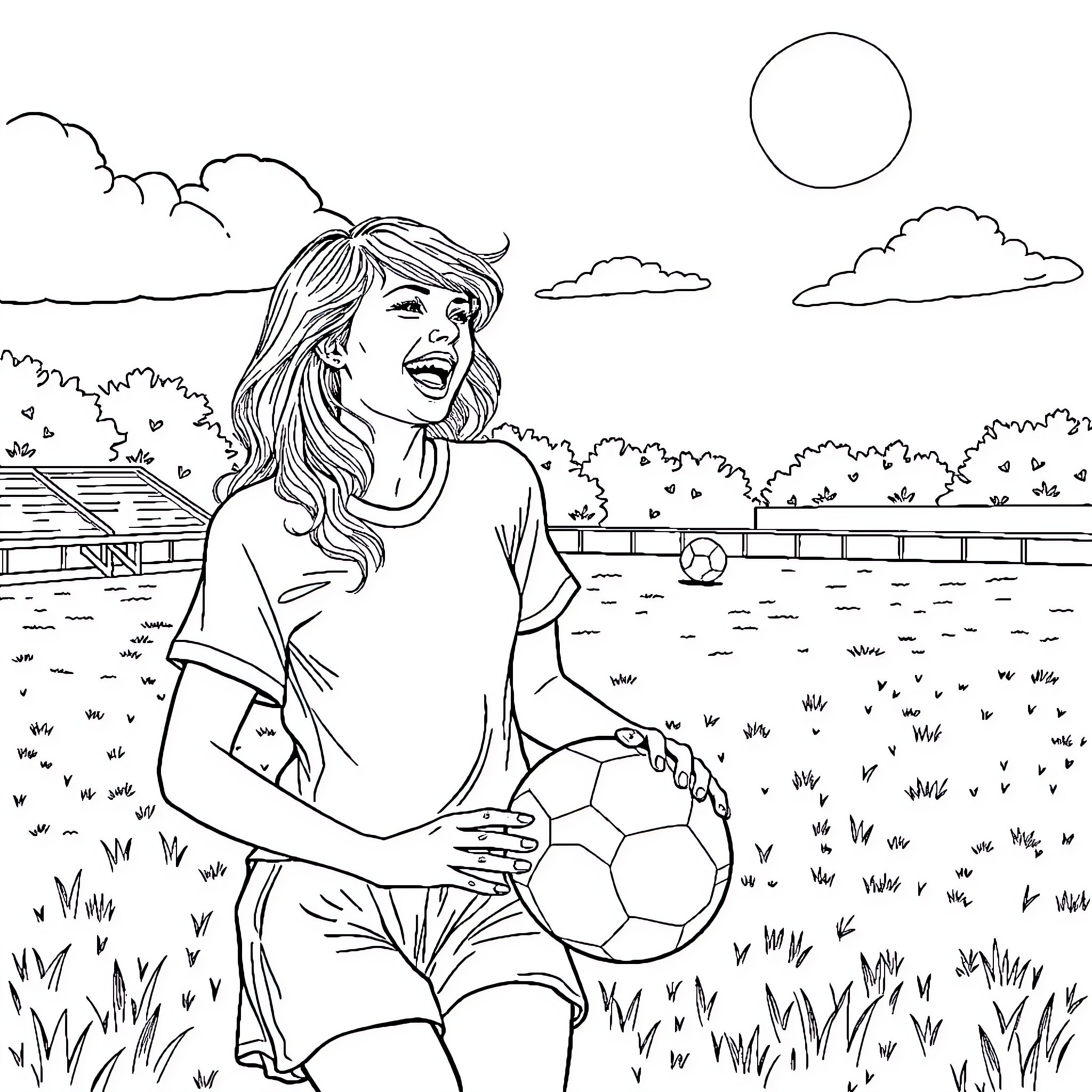Taylor Swift playing with a soccer ball in a field Coloring Page (free black-and-white line drawing printable PDF for all, from beginners to advanced learners, including children, teens, adults, and seniors)
