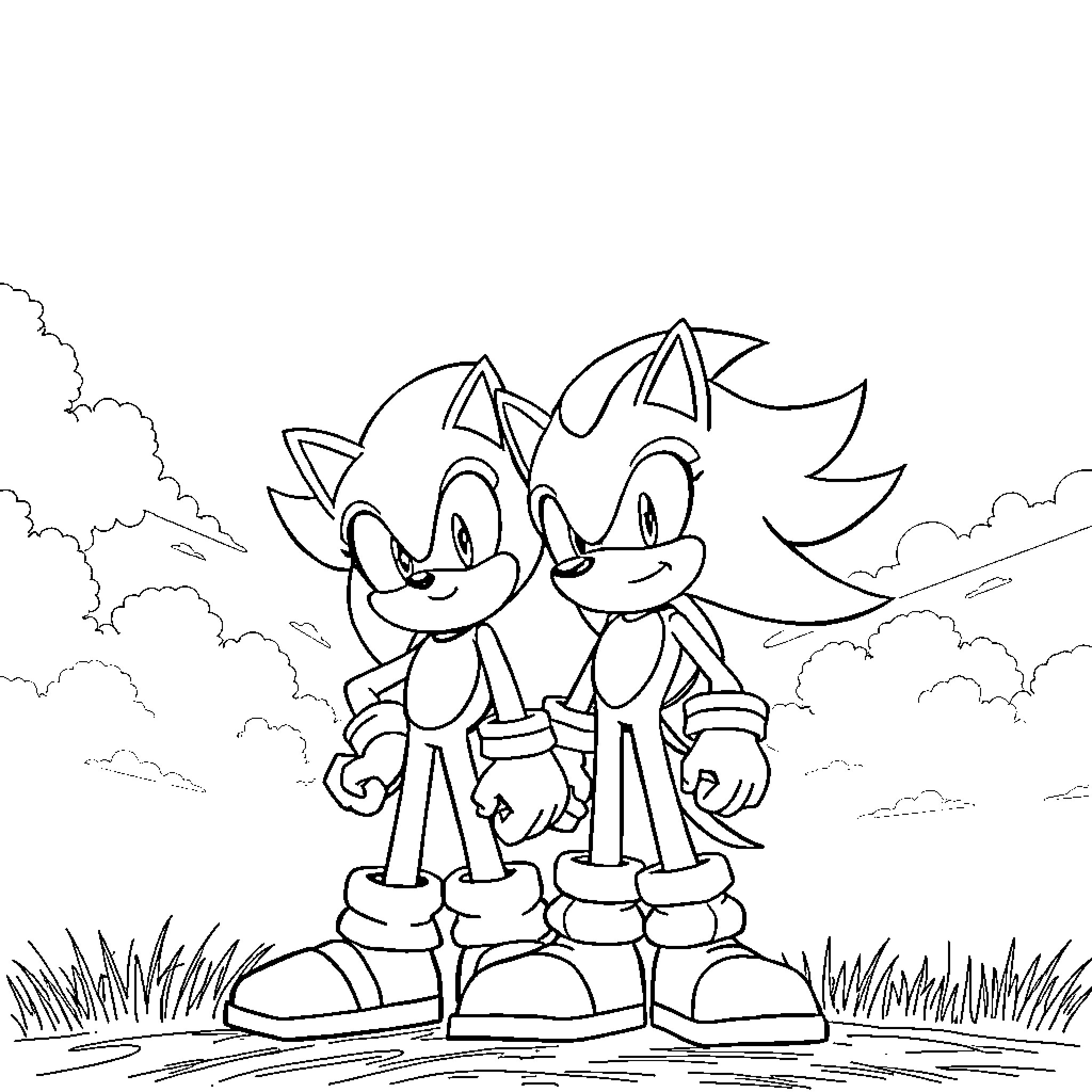 Sonic and friends enjoying the outdoors Coloring Page (free black-and-white line drawing printable PDF for all, from beginners to advanced learners, including children, teens, adults, and seniors)