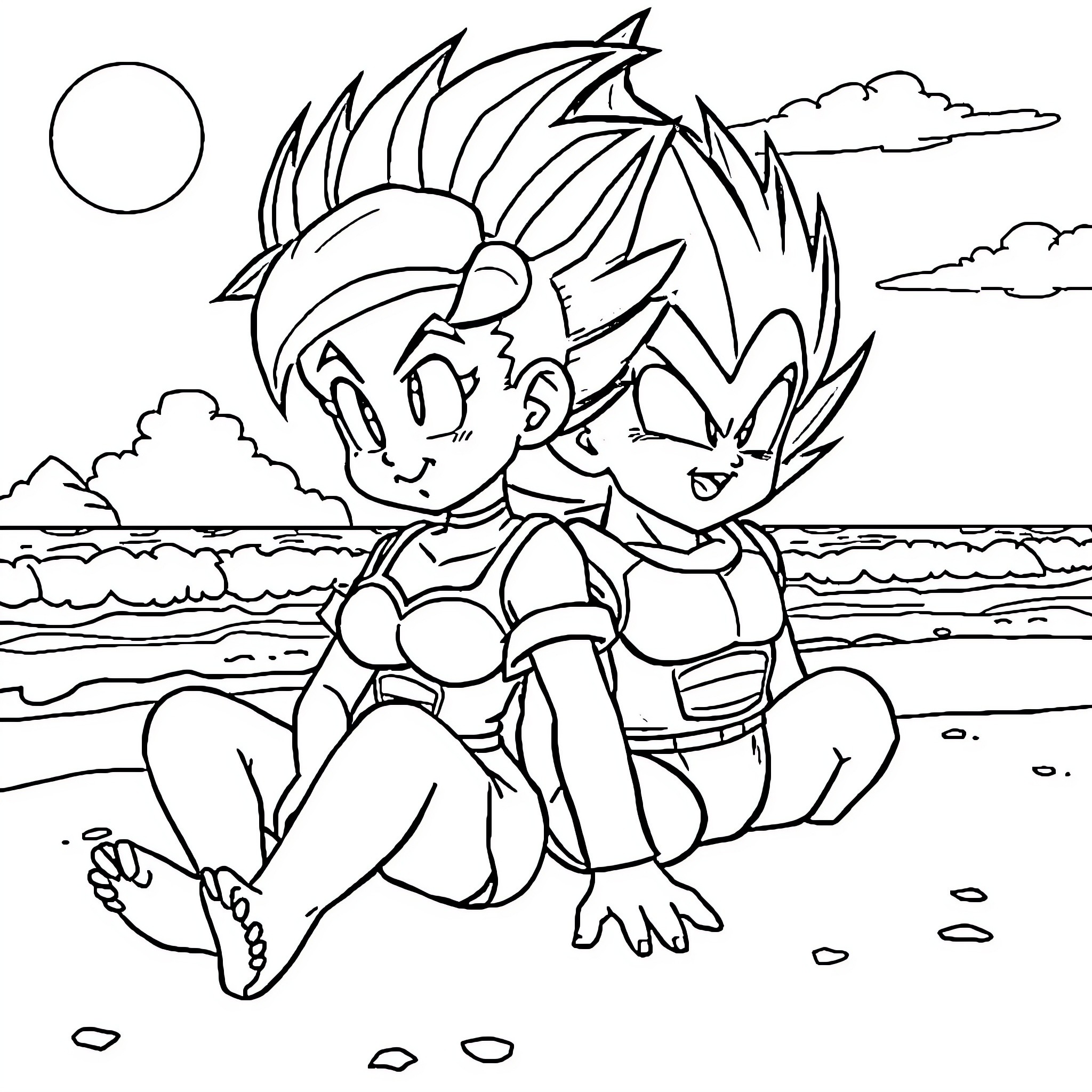Bulma and Vegeta enjoying the beach scene Coloring Page (free black-and-white line drawing printable PDF for all, from beginners to advanced learners, including children, teens, adults, and seniors)
