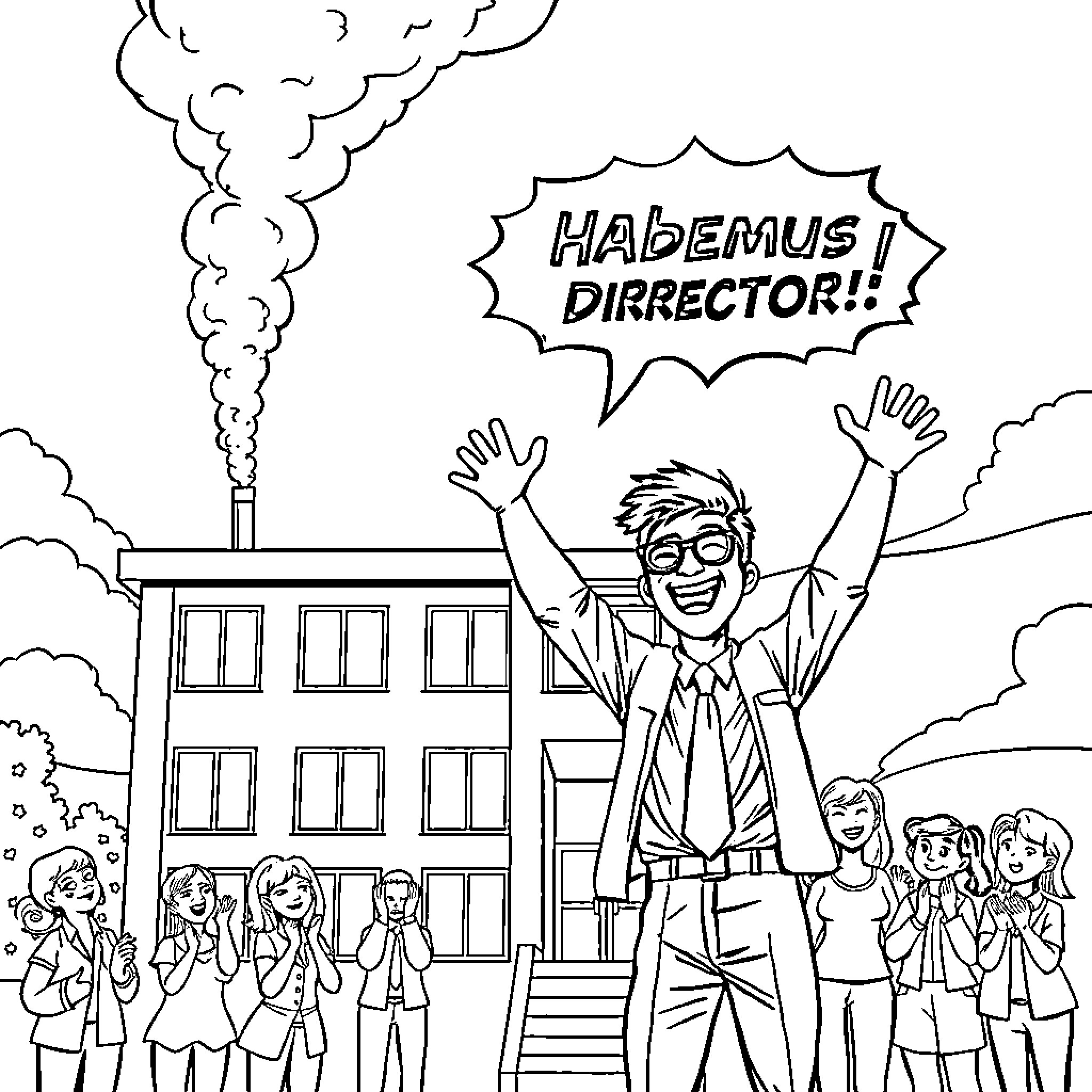 Building celebrating exciting director's achievement Coloring Page (free black-and-white line drawing printable PDF for all, from beginners to advanced learners, including children, teens, adults, and seniors)