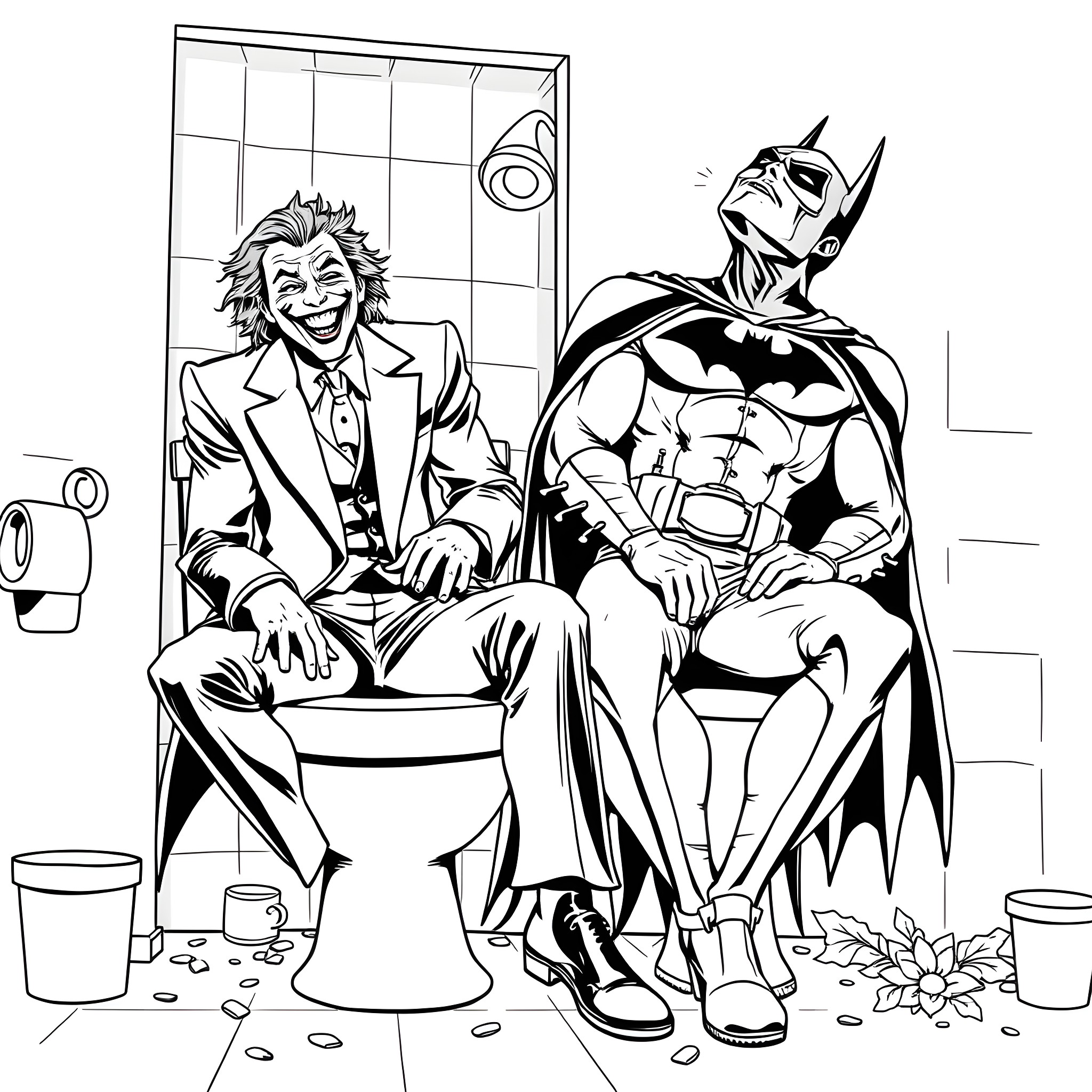 Joker's Twisted Encounter with the Dark Knight Coloring Page (free black-and-white line drawing printable PDF for all, from beginners to advanced learners, including children, teens, adults, and seniors)