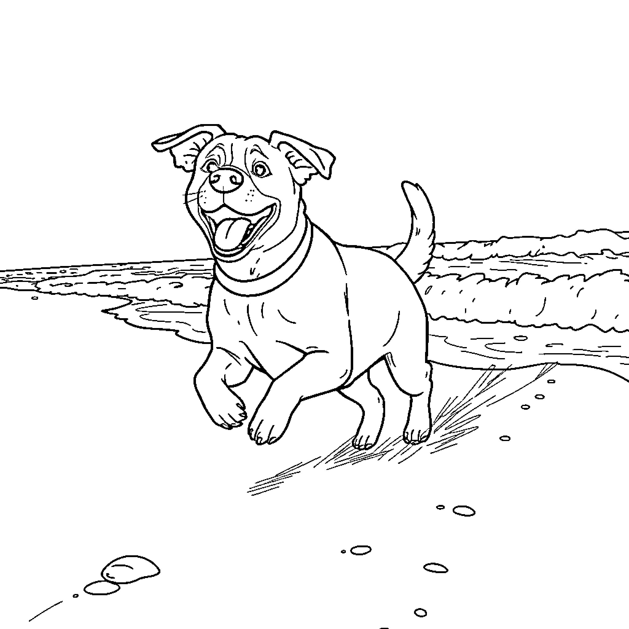 Dog playing happily on the beach Coloring Page (free black-and-white line drawing printable PDF for all, from beginners to advanced learners, including children, teens, adults, and seniors)