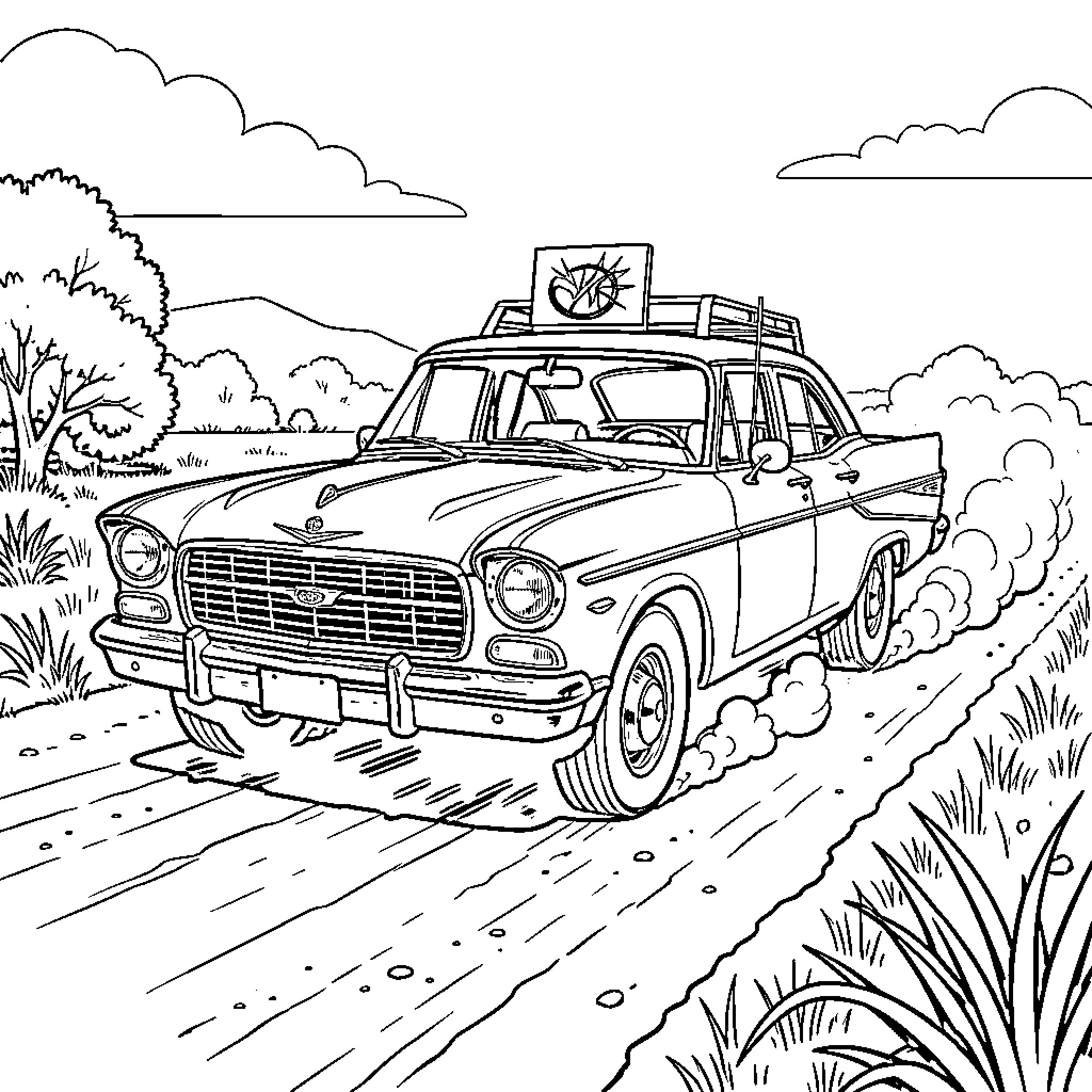 General Lee driving fast on a dirt road Coloring Page (free black-and-white line drawing printable PDF for all, from beginners to advanced learners, including children, teens, adults, and seniors)