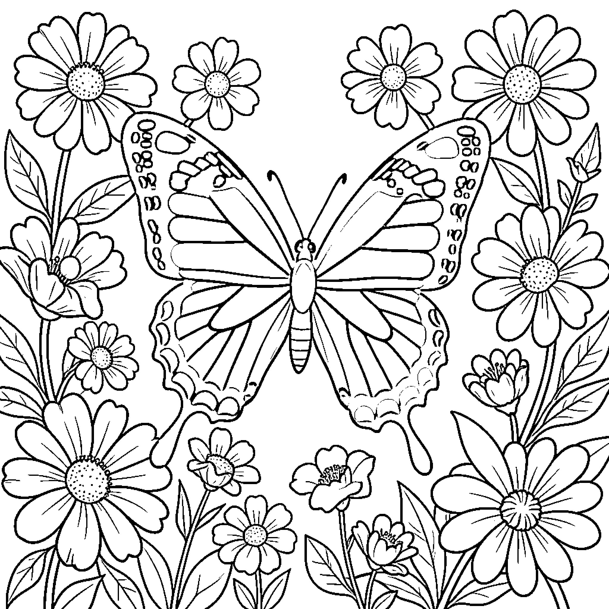 Butterfly surrounded by delicate flowers Coloring Page (free black-and-white line drawing printable PDF for all, from beginners to advanced learners, including children, teens, adults, and seniors)