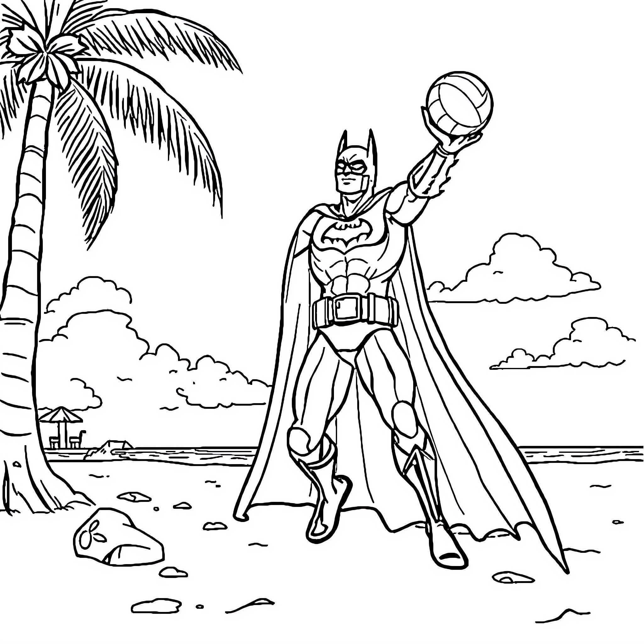 Batman striking heroic pose on tropical beach Coloring Page (free black-and-white line drawing printable PDF for all, from beginners to advanced learners, including children, teens, adults, and seniors)