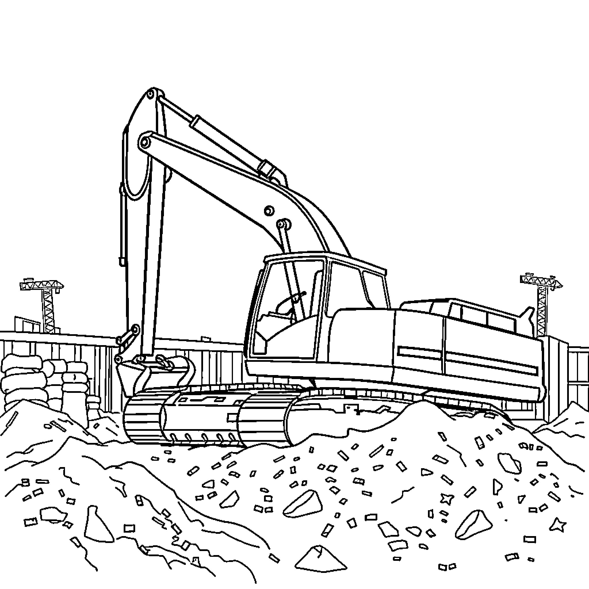Excavator digging through construction site rubble Coloring Page (free black-and-white line drawing printable PDF for all, from beginners to advanced learners, including children, teens, adults, and seniors)