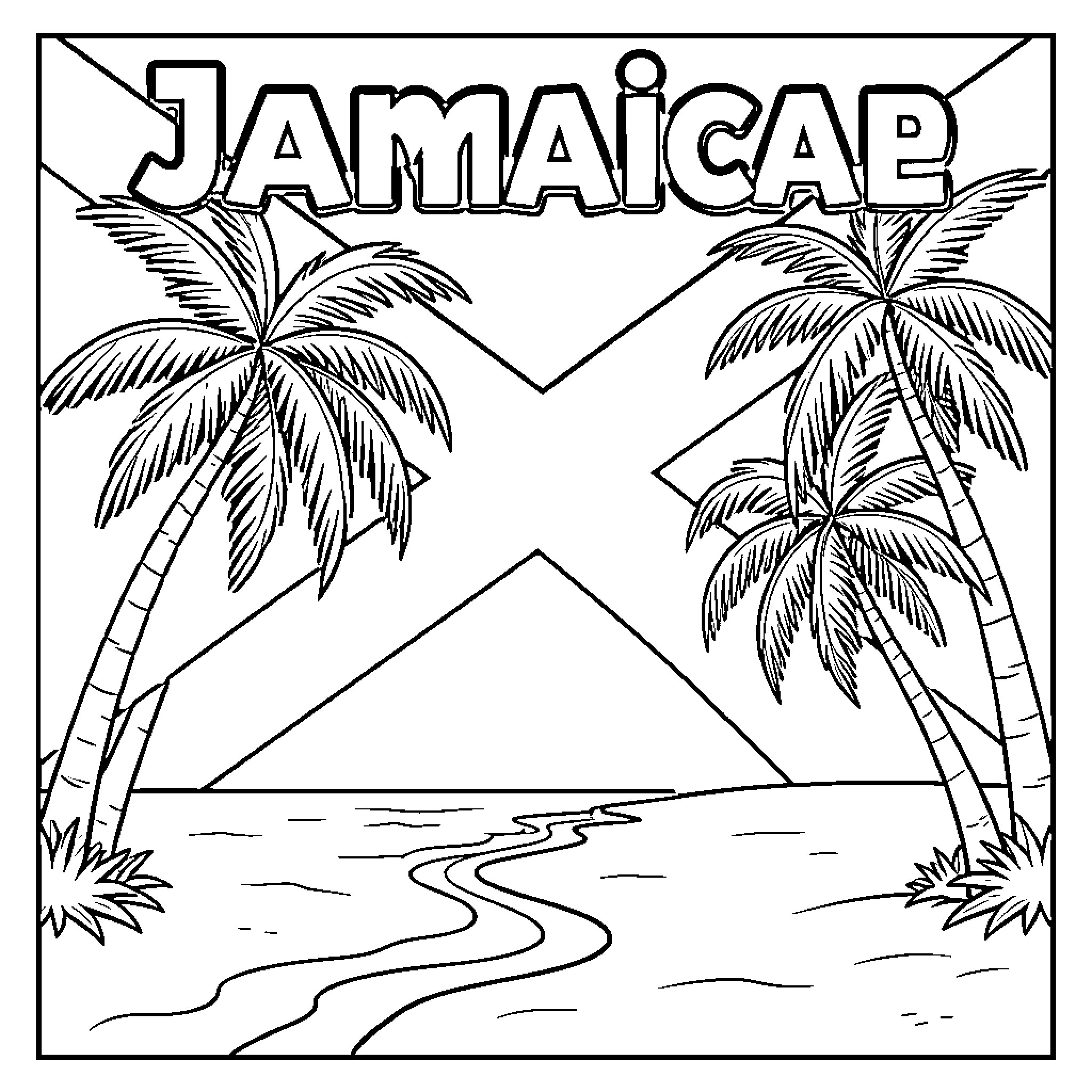 Jamaica landscape featuring palm trees and a winding path Coloring Page (free black-and-white line drawing printable PDF for all, from beginners to advanced learners, including children, teens, adults, and seniors)