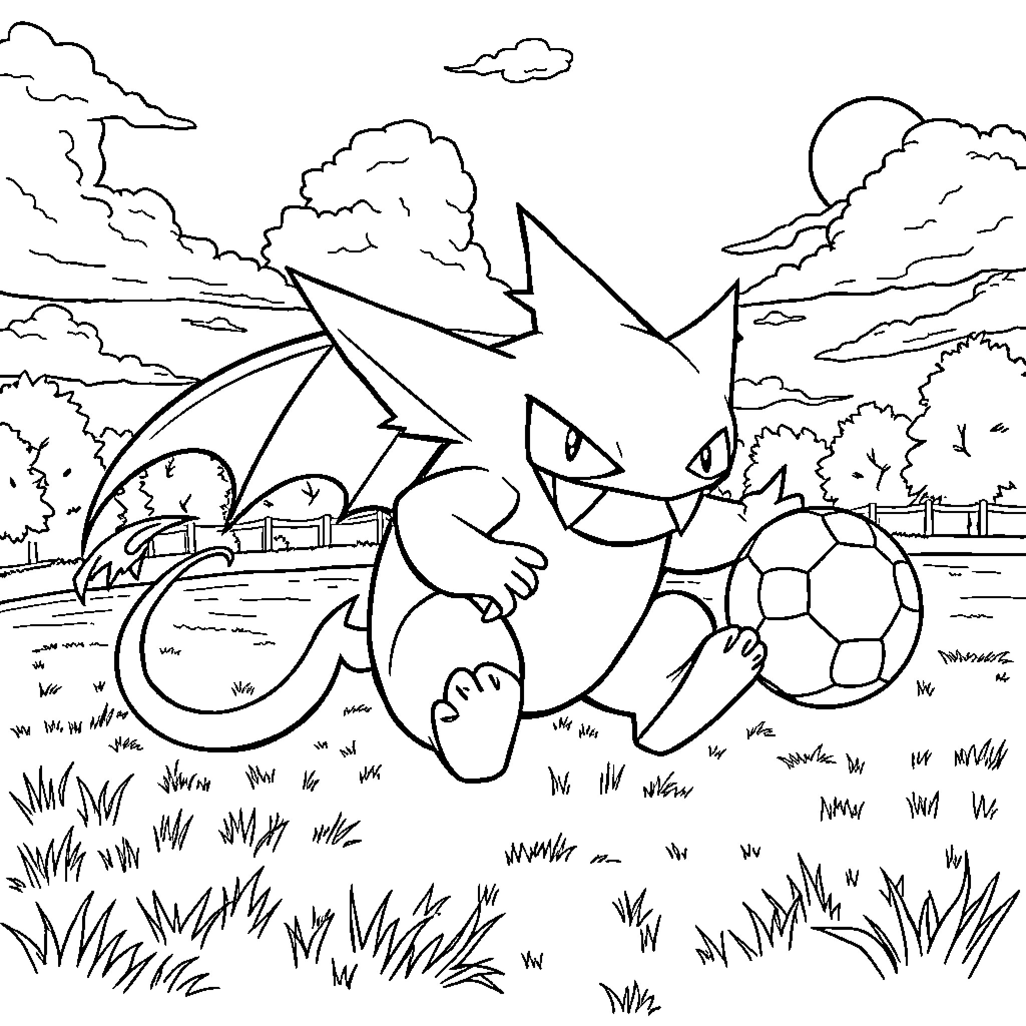 Gengar playing with soccer ball in outdoor scene Coloring Page (free black-and-white line drawing printable PDF for all, from beginners to advanced learners, including children, teens, adults, and seniors)