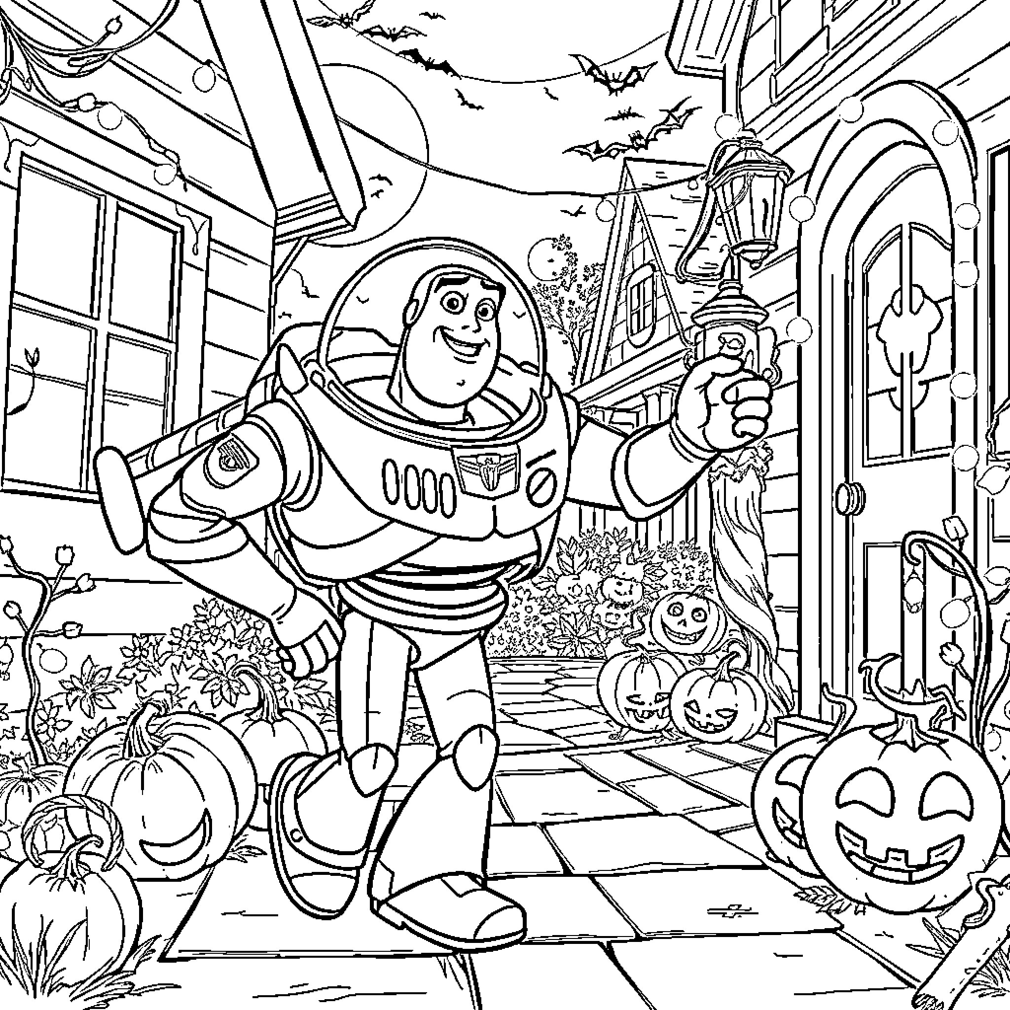 Buzz Lightyear exploring a spooky Halloween scene Coloring Page (free black-and-white line drawing printable PDF for all, from beginners to advanced learners, including children, teens, adults, and seniors)
