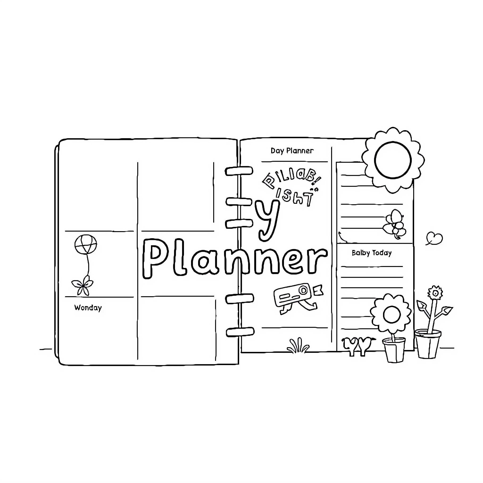 Child Planner with Illustrations and Decorations Coloring Page (free black-and-white line drawing printable PDF for all, from beginners to advanced learners, including children, teens, adults, and seniors)