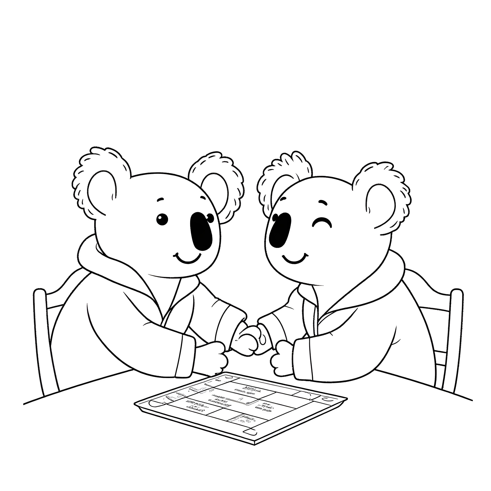 Koalas sharing a friendly conversation Coloring Page (free black-and-white line drawing printable PDF for all, from beginners to advanced learners, including children, teens, adults, and seniors)