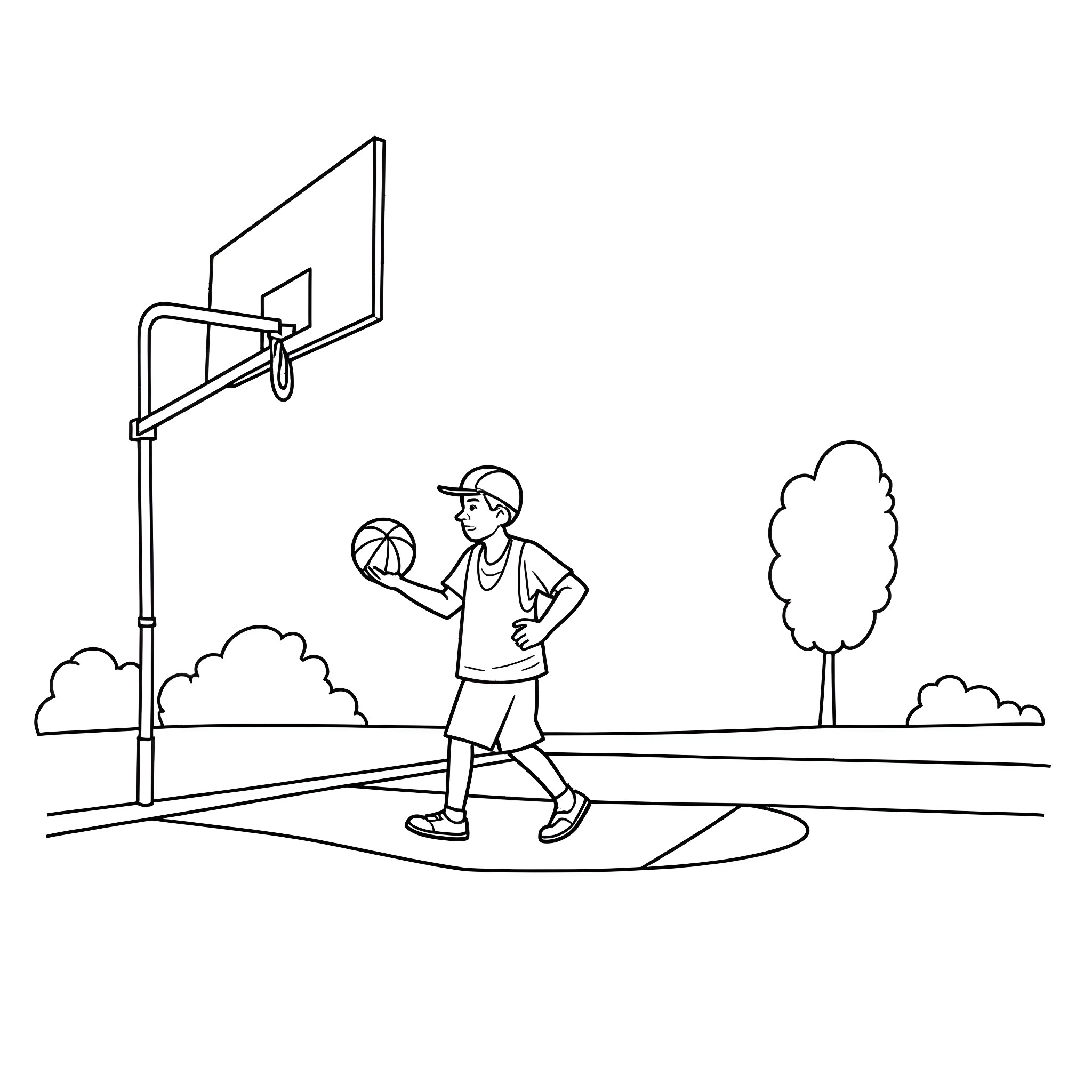 Garbador playing basketball on the court Coloring Page (free black-and-white line drawing printable PDF for all, from beginners to advanced learners, including children, teens, adults, and seniors)