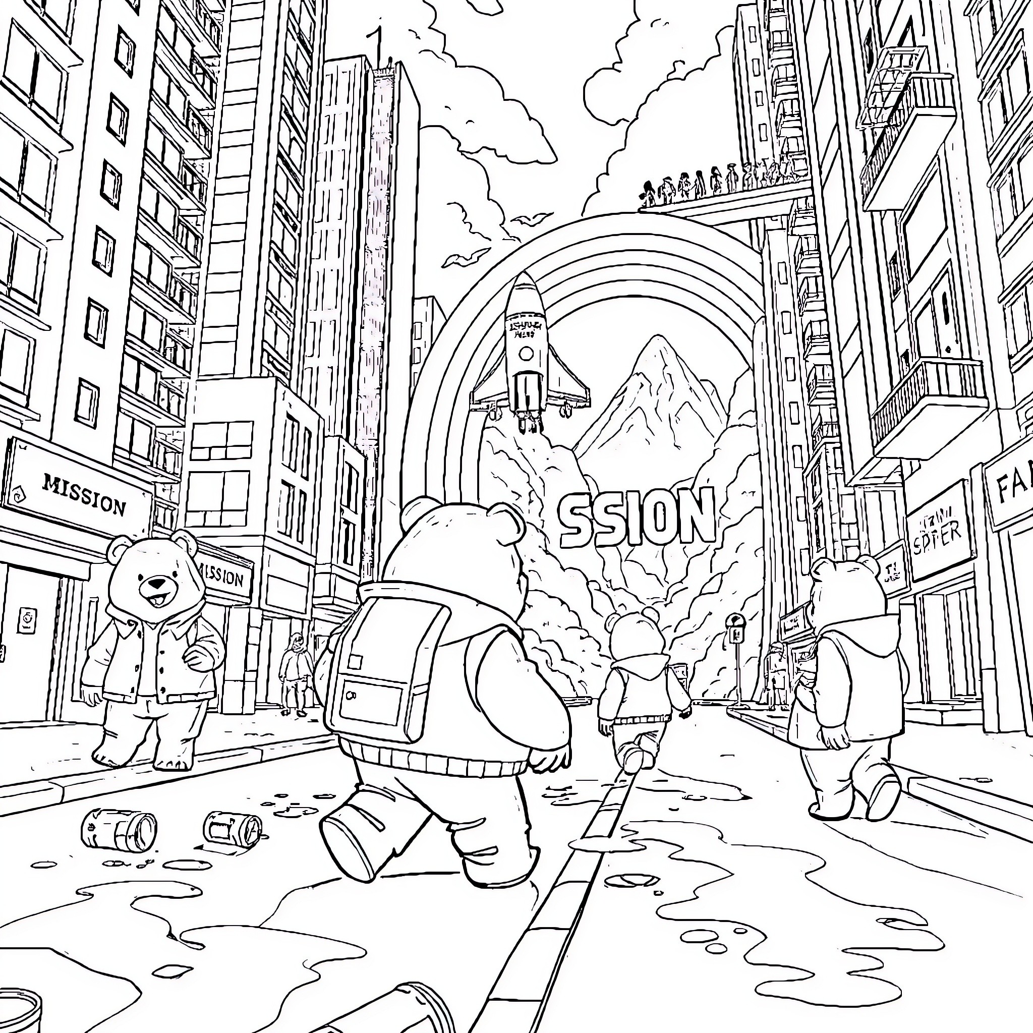 Bear spaceship launching through city skyline Coloring Page (free black-and-white line drawing printable PDF for all, from beginners to advanced learners, including children, teens, adults, and seniors)