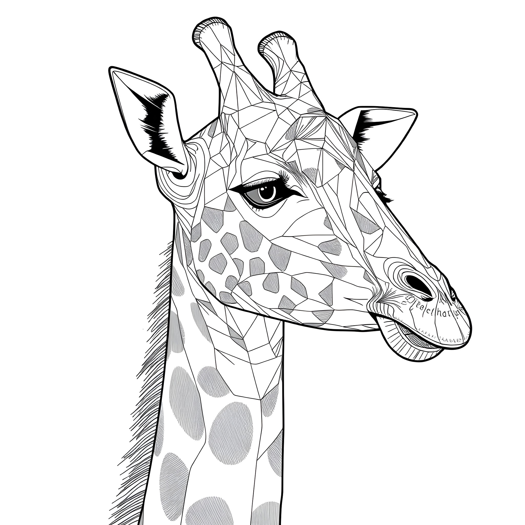 Giraffe with geometric patterns and expressions Coloring Page (free black-and-white line drawing printable PDF for all, from beginners to advanced learners, including children, teens, adults, and seniors)