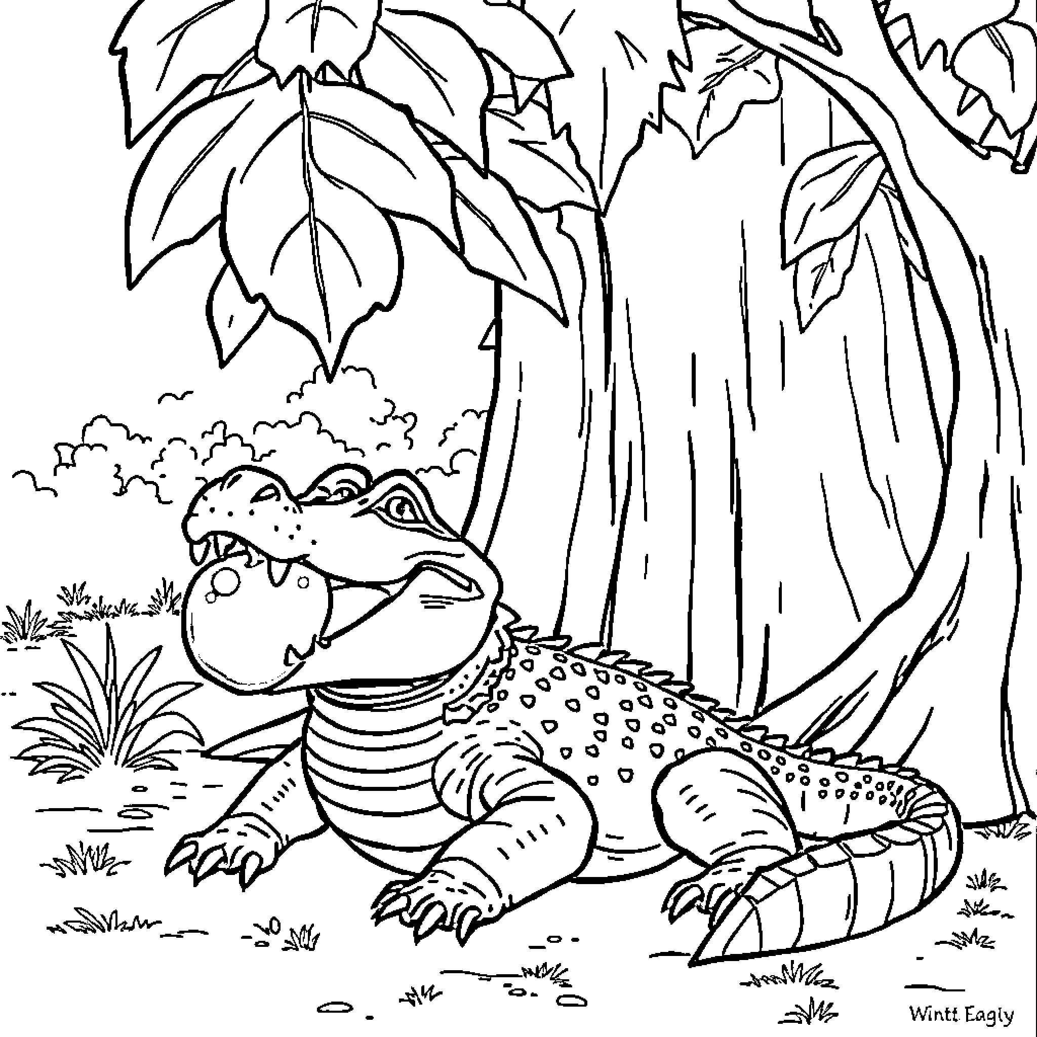 Alligator basking in the forest Coloring Page (free black-and-white line drawing printable PDF for all, from beginners to advanced learners, including children, teens, adults, and seniors)