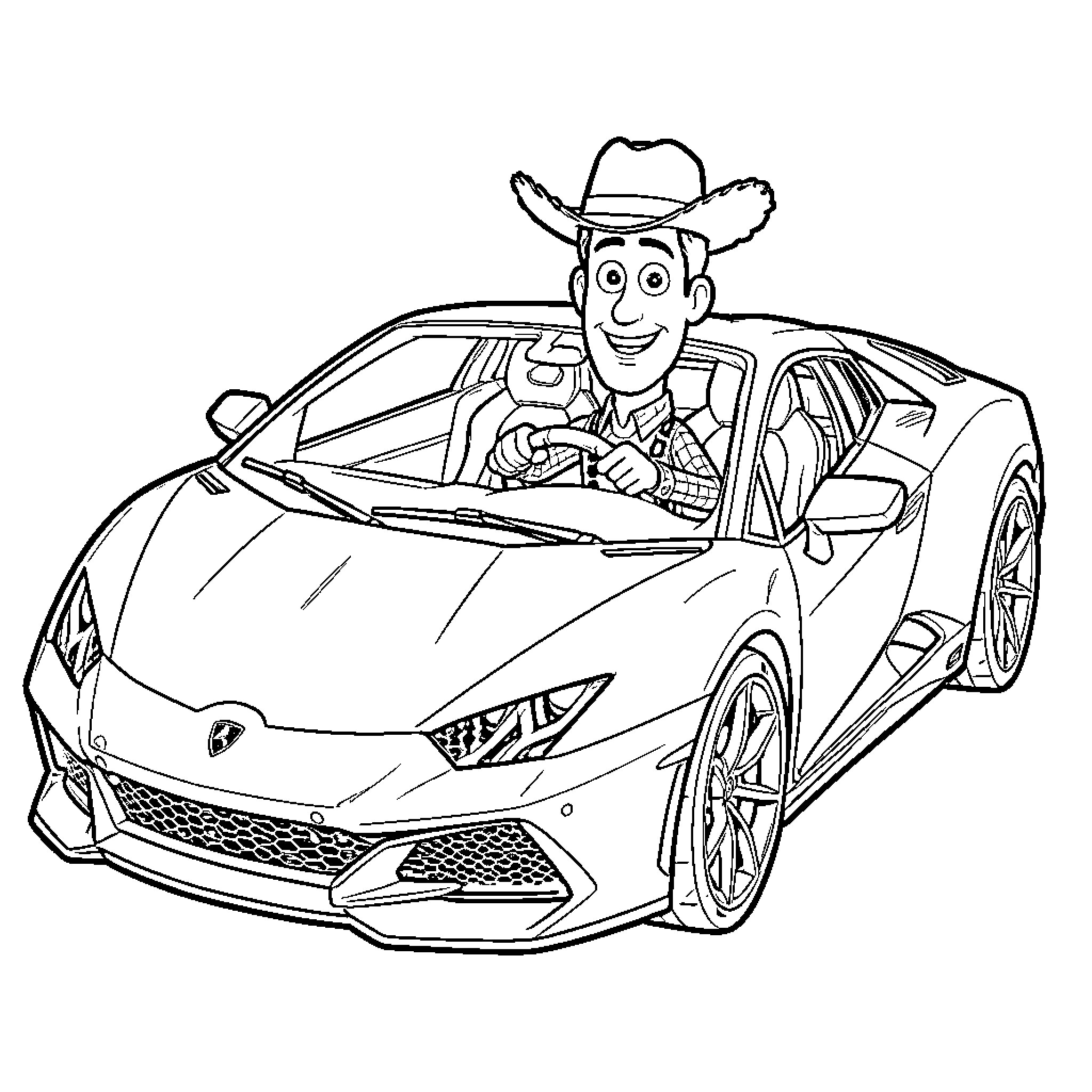 Woody driving a sports car with a joyful expression Coloring Page (free black-and-white line drawing printable PDF for all, from beginners to advanced learners, including children, teens, adults, and seniors)