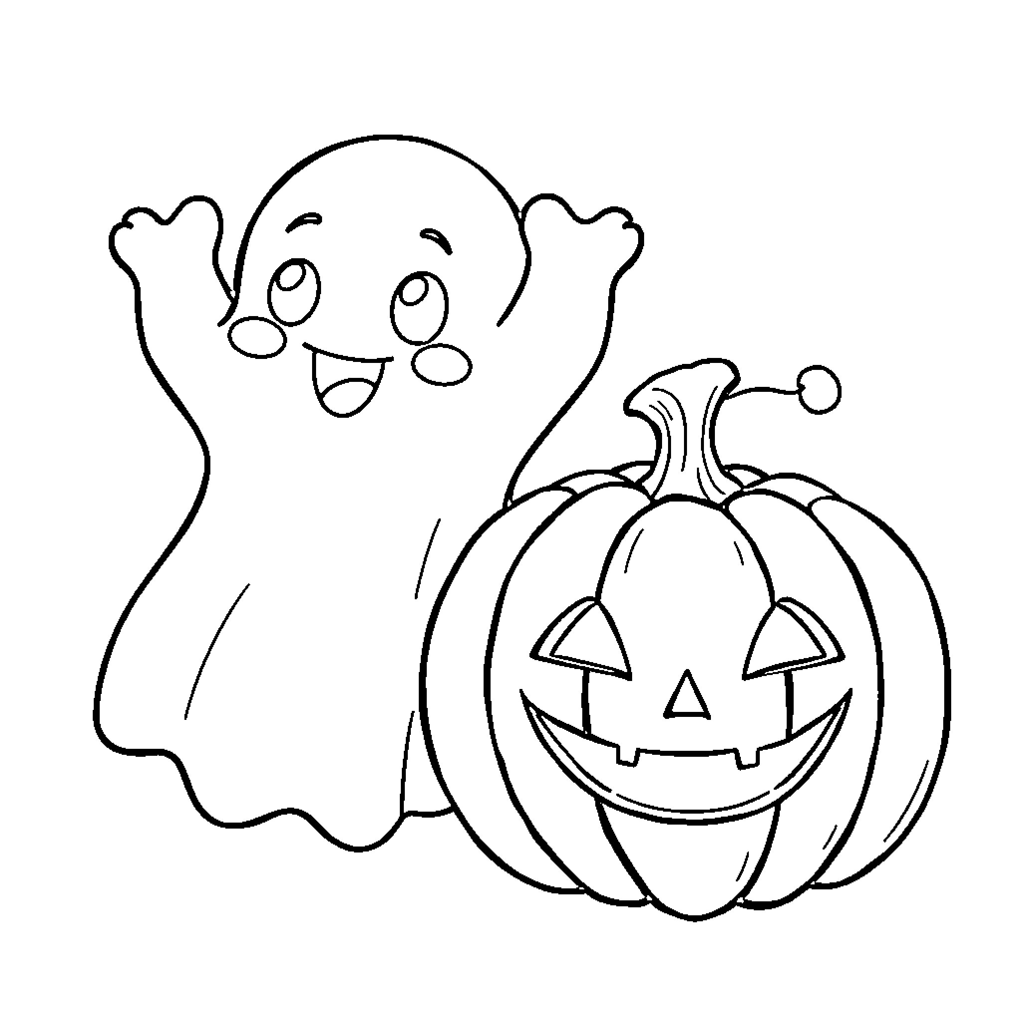 Ghost Celebrating with Pumpkin in Halloween Scene Coloring Page (free black-and-white line drawing printable PDF for all, from beginners to advanced learners, including children, teens, adults, and seniors)