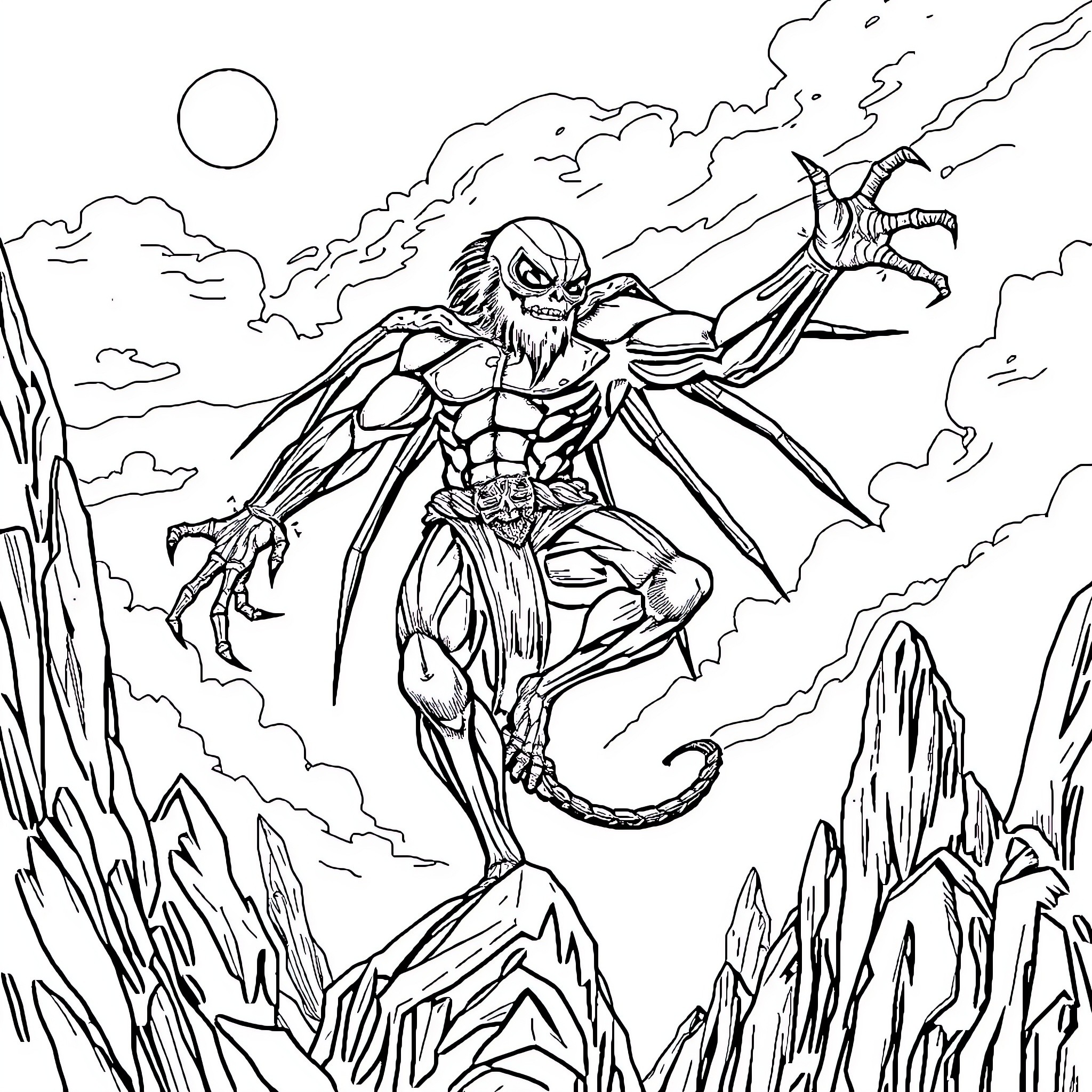 Spider-Man battling a fearsome villain in a dark, dramatic scene Coloring Page (free black-and-white line drawing printable PDF for all, from beginners to advanced learners, including children, teens, adults, and seniors)