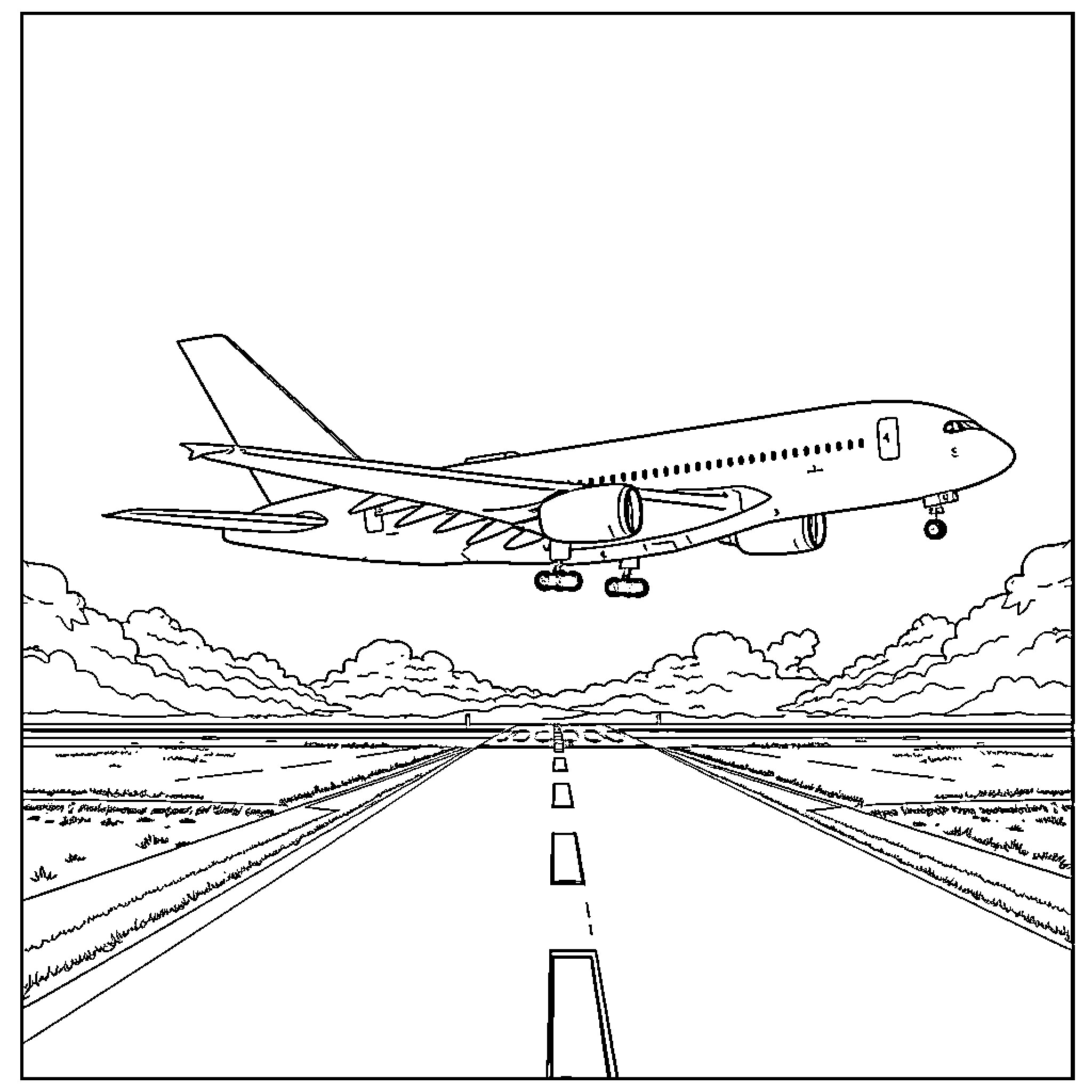 Airbus A380 taking off from the runway Coloring Page (free black-and-white line drawing printable PDF for all, from beginners to advanced learners, including children, teens, adults, and seniors)
