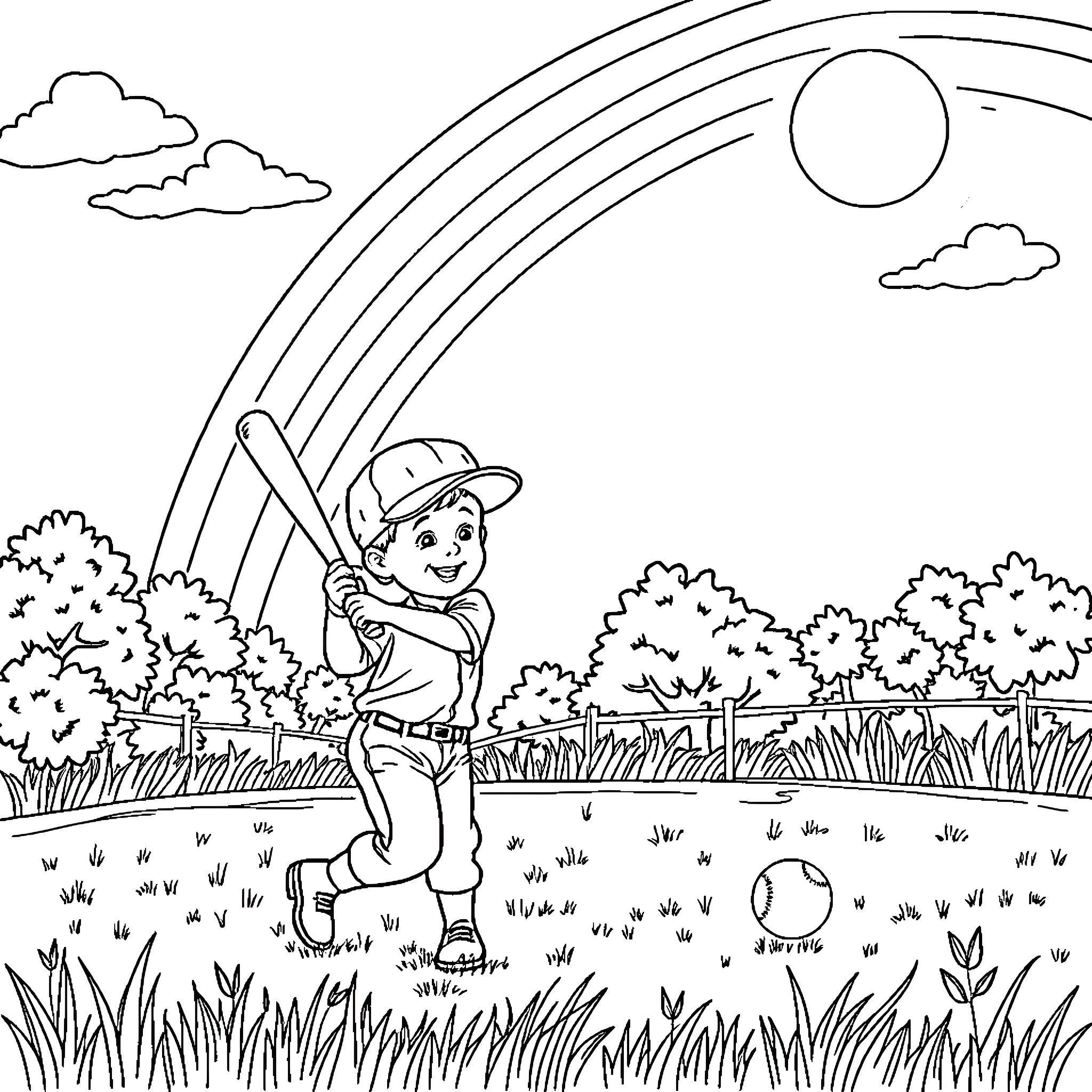 Child playing baseball under a rainbow Coloring Page (free black-and-white line drawing printable PDF for all, from beginners to advanced learners, including children, teens, adults, and seniors)