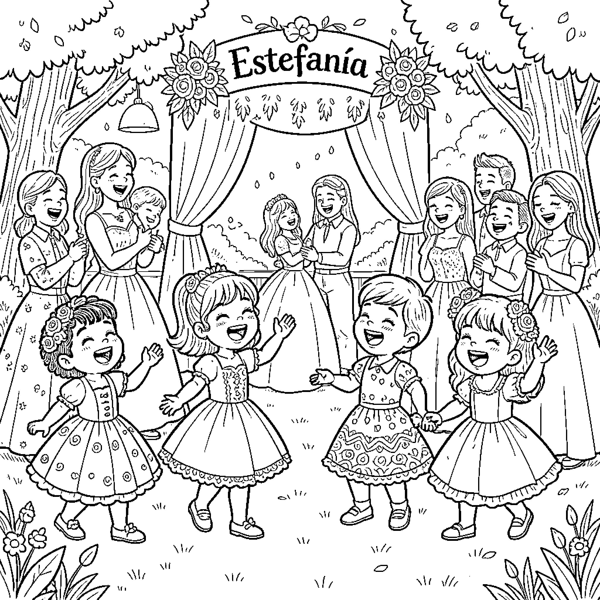 Kid's birthday party celebration with friends Coloring Page (free black-and-white line drawing printable PDF for all, from beginners to advanced learners, including children, teens, adults, and seniors)