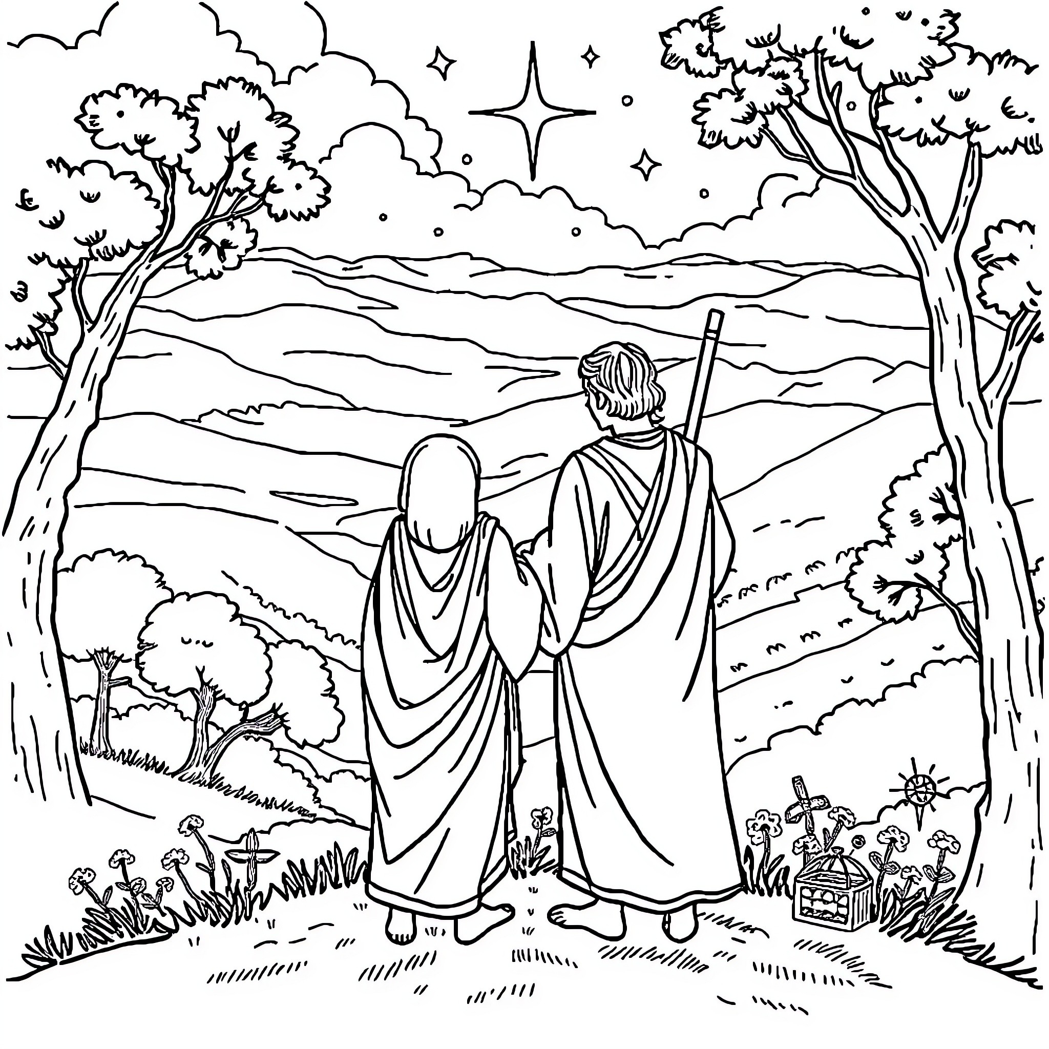 Buddha and Jesus walking together through a peaceful countryside Coloring Page (free black-and-white line drawing printable PDF for all, from beginners to advanced learners, including children, teens, adults, and seniors)