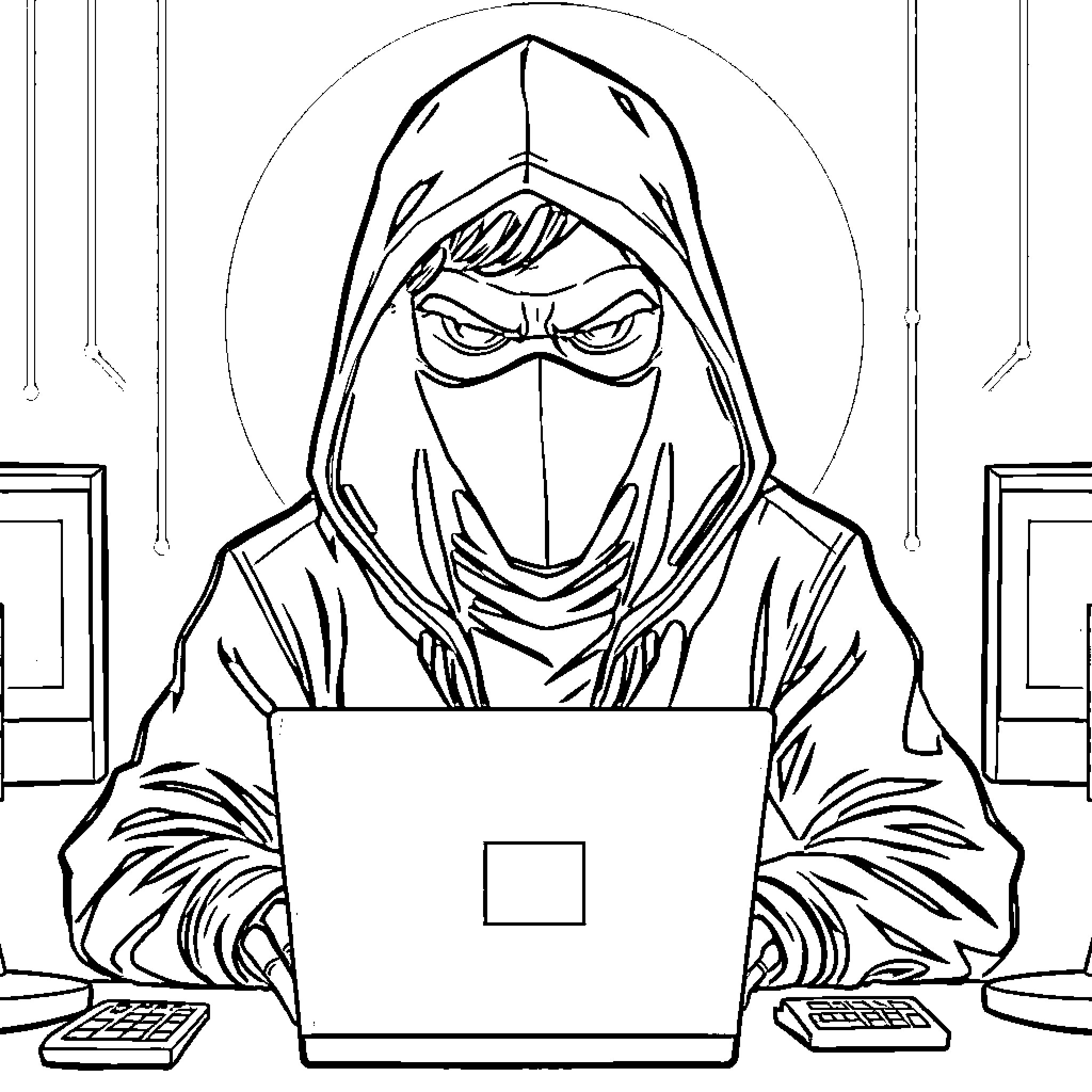 Hacker in a dark outfit working on a laptop Coloring Page (free black-and-white line drawing printable PDF for all, from beginners to advanced learners, including children, teens, adults, and seniors)