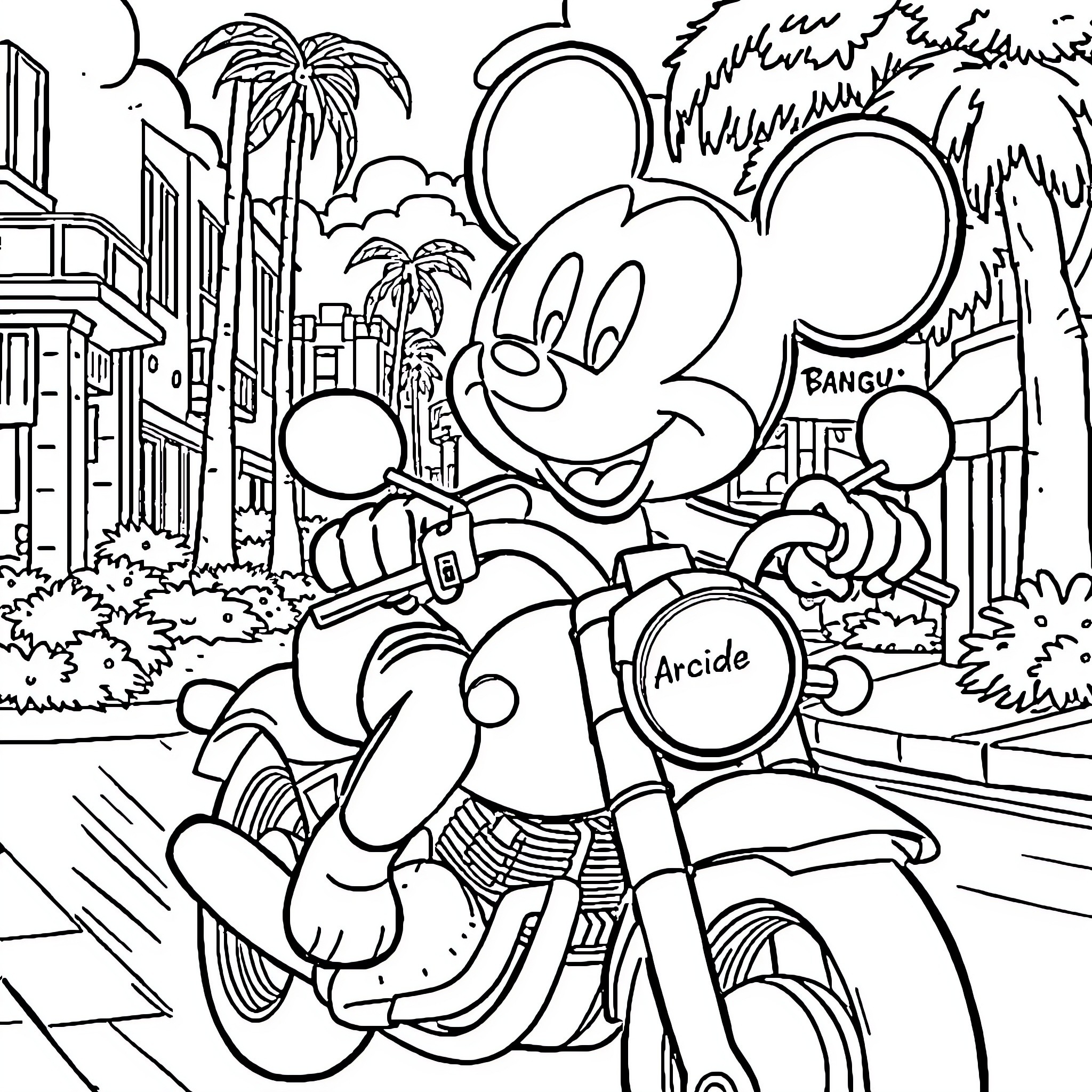 Mickey Mouse riding a motorcycle in a tropical city Coloring Page (free black-and-white line drawing printable PDF for all, from beginners to advanced learners, including children, teens, adults, and seniors)